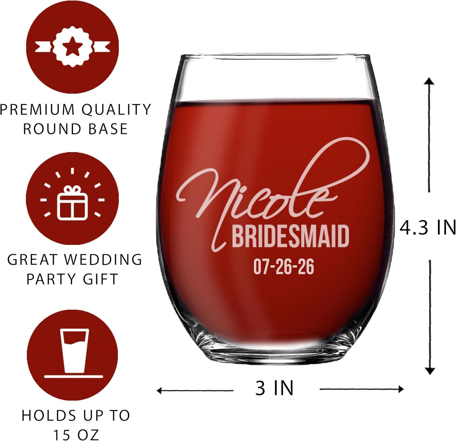 Monogrammed Personalized Stemless Wine Glasses for Bridesmaid, Engraved