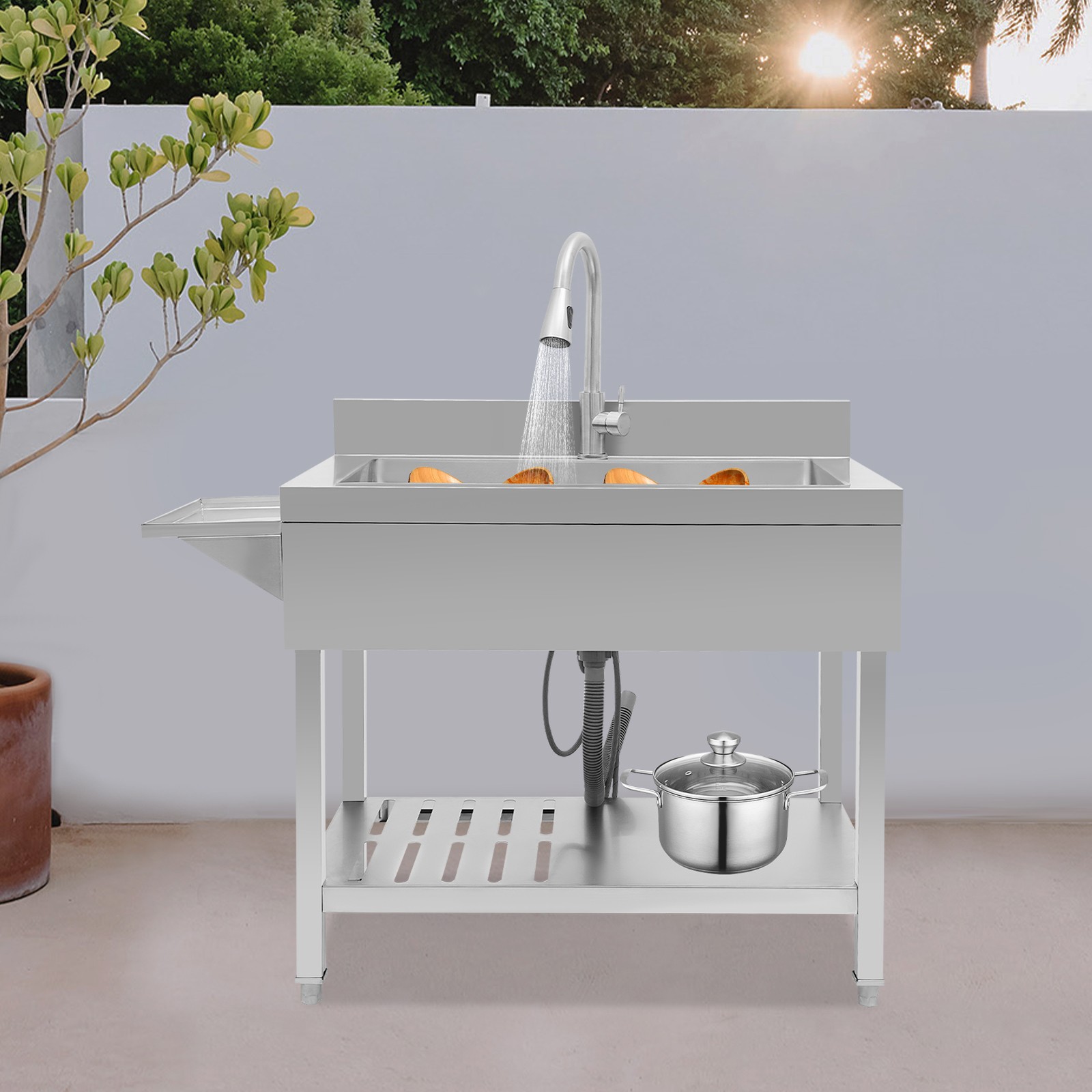 Single Bowl Kitchen Sink Stainless Steel Sink Commercial Sink w/Pull-out Faucet