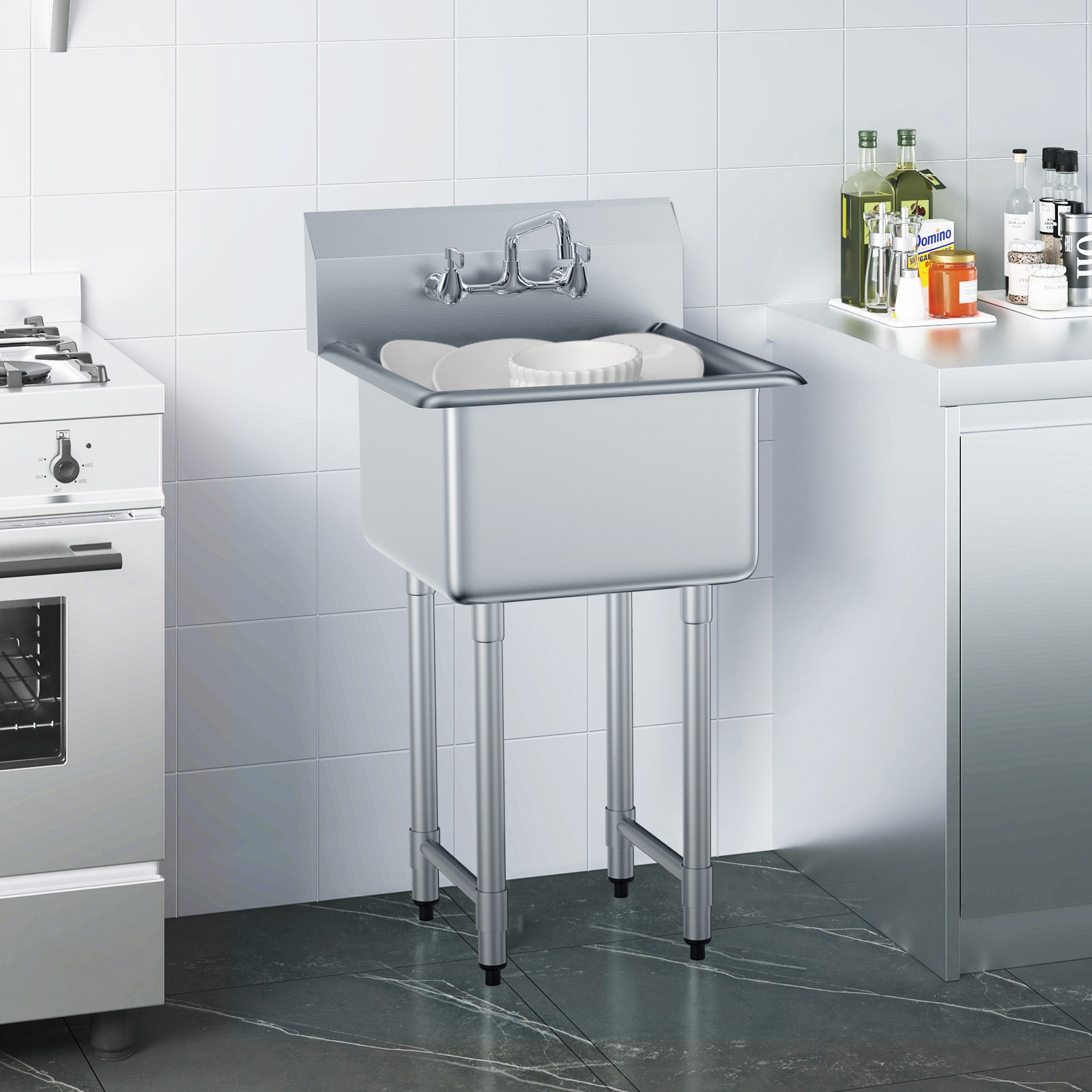 VEVOR 18″ x 18″ Commercial Utility Sink 1 Compartment Stainless Steel w/ Faucet