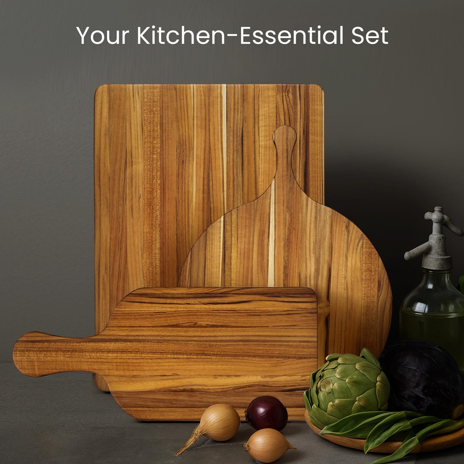 Teakhaus Teakwood Serving Boards Set Of 3 – A Regular Round Serving And Paddle