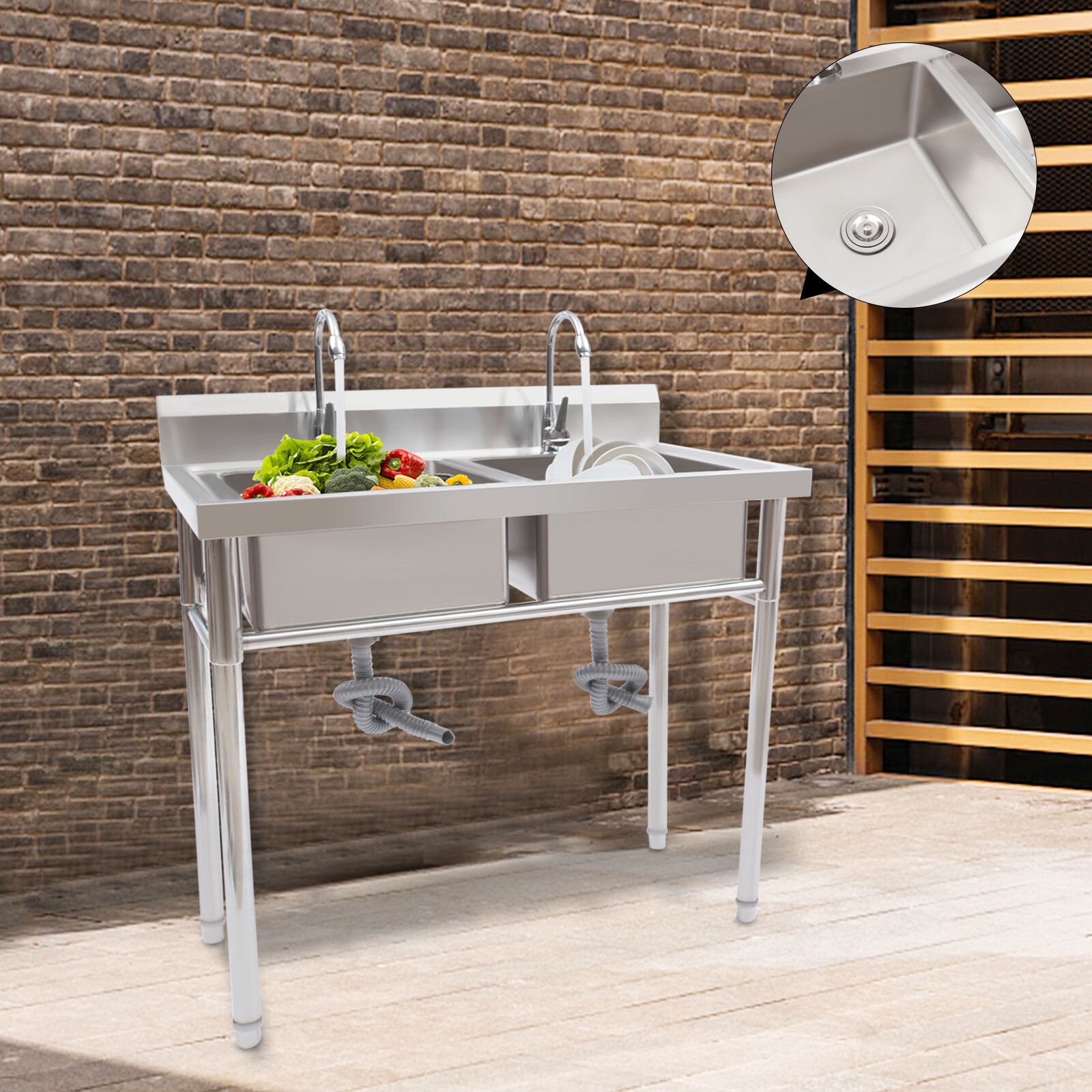 2 Compartment Commercial Sink w/ Double Faucet Restaurant Sink,Free Standing