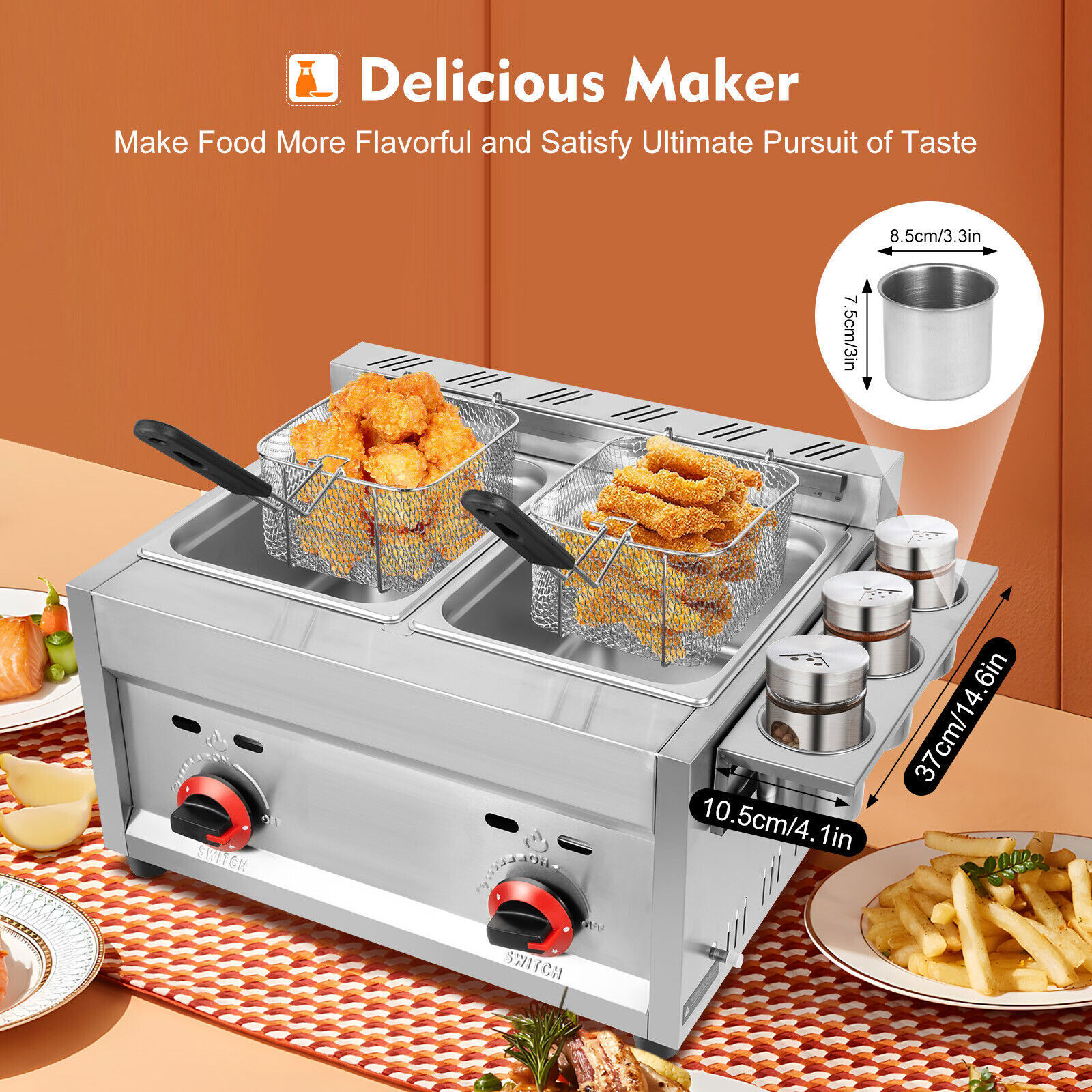 Countertop Gas Deep Fryer Propane Gas Stainless Steel Outdoor Use Round 2 Burner