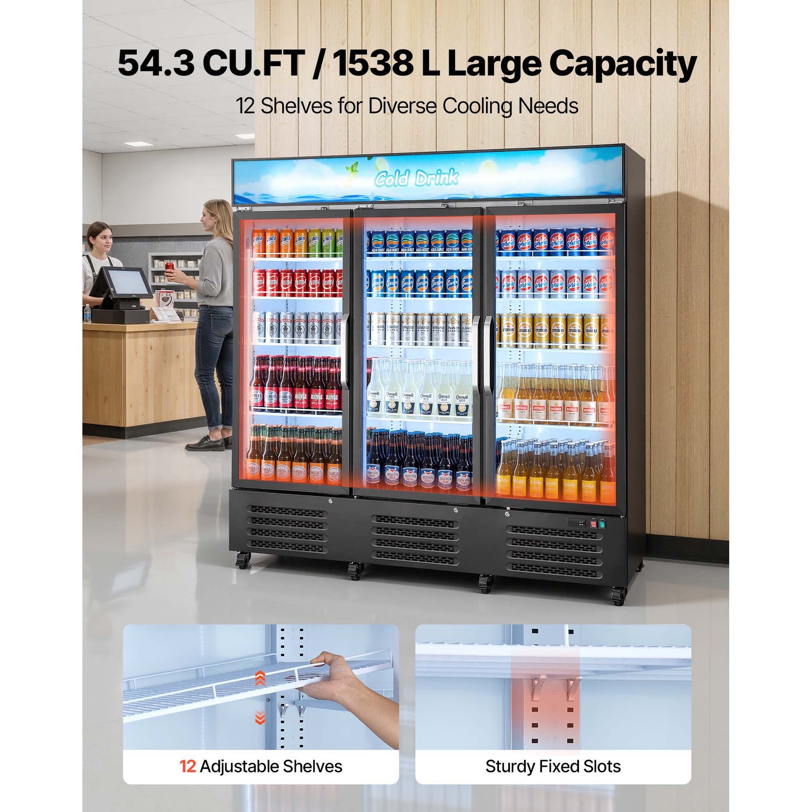 Uimoso Commercial 3-Door Beverage Cooler, 54.3 Cu.Ft Merchandiser Refrigerator