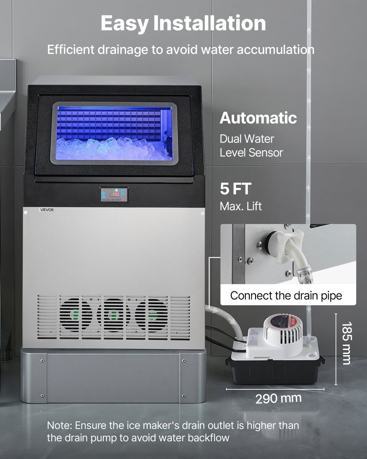 360LB/24H Commercial Ice Maker w/ Pump 85LB Bin Self Clean Stainless Steel