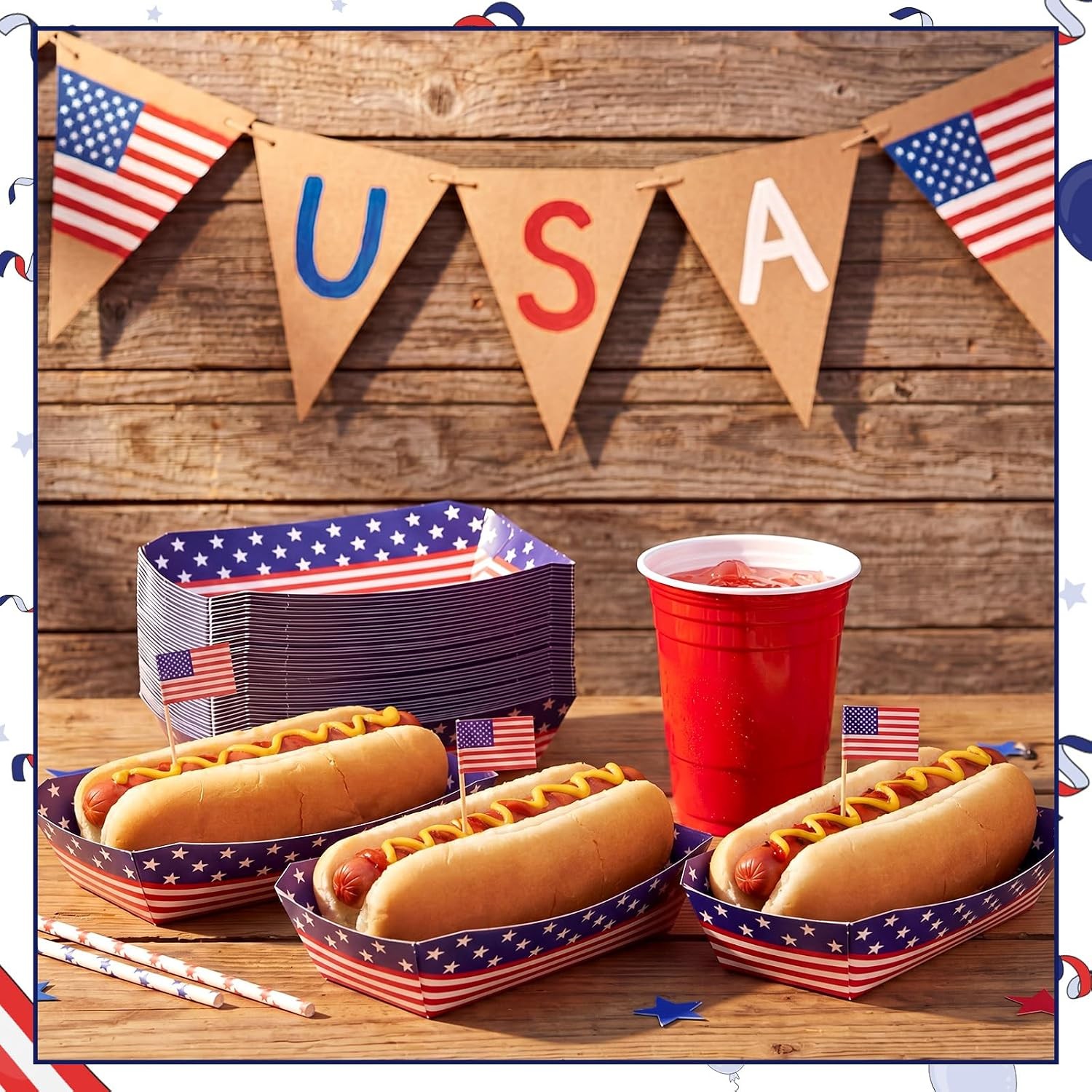 50 Pcs 4th of July Hot Dog Food Trays 5.5 x 1.77 Inch Patriotic Paper Hot Dog