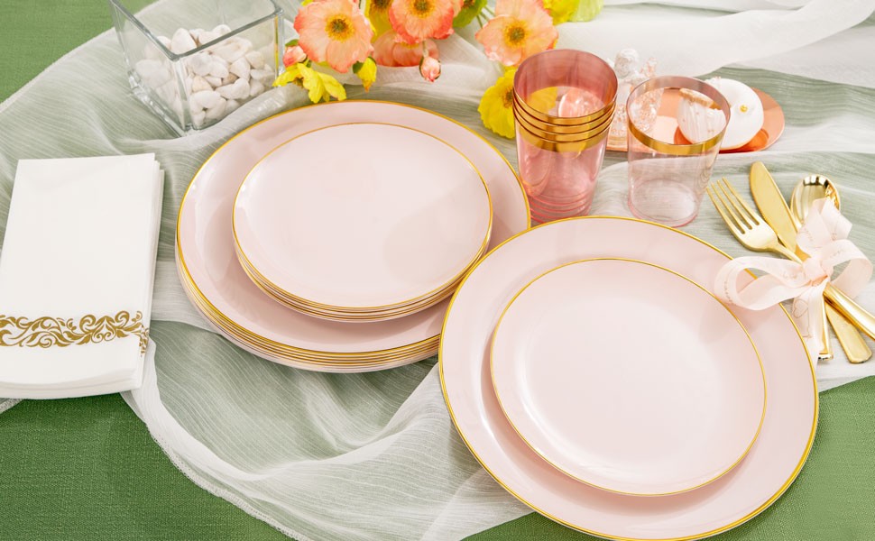 210Pcs Plastic Pink Plates with Gold Plastic Silverware Set Include 30Pink