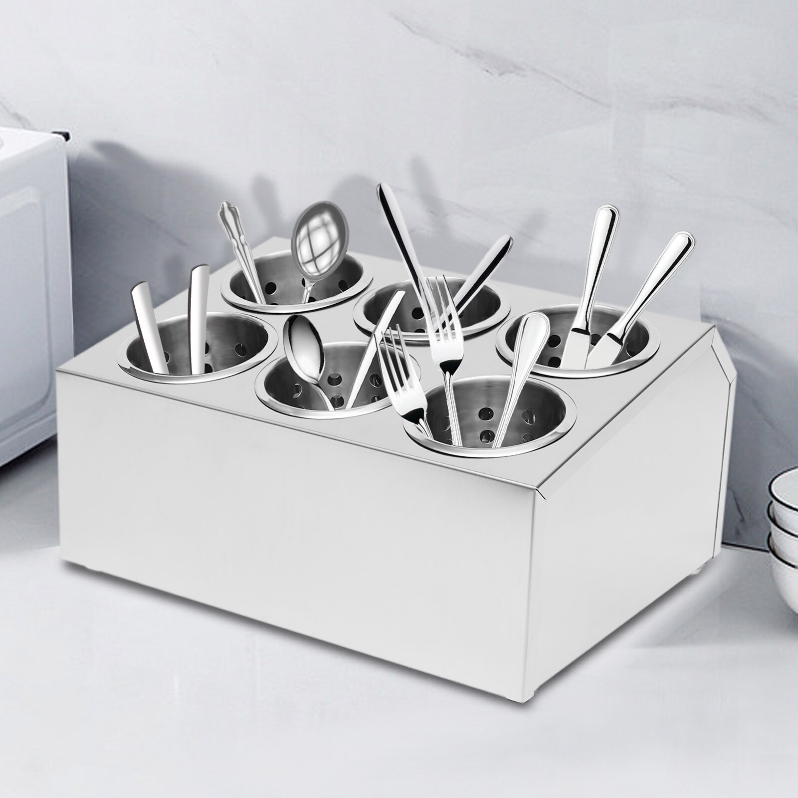 6 Holes Flatware Cylinder Holder Commercial Stainless Steel Utensil Storage