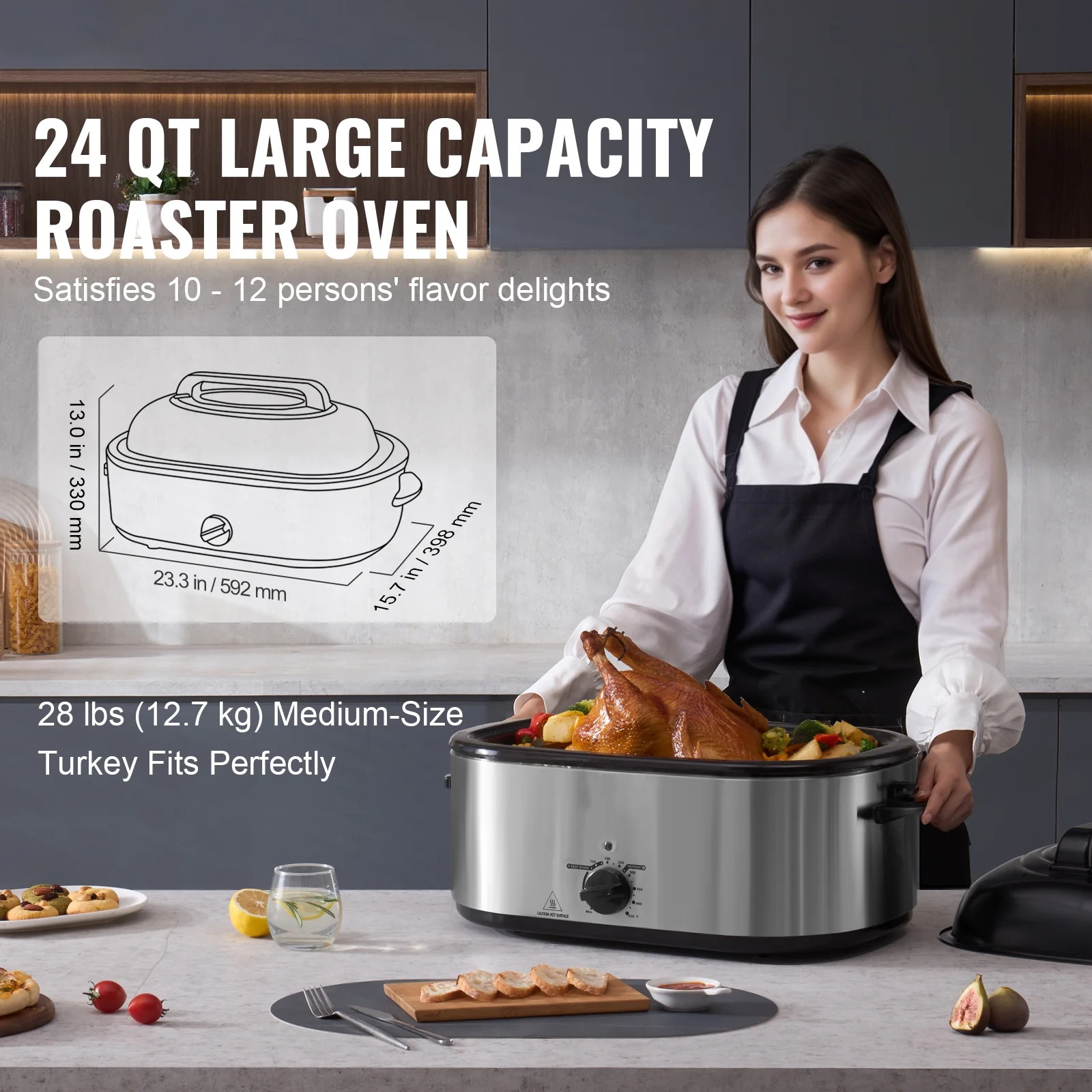 KFFKFF 24QT Electric Turkey Roaster Oven 1450W Fits 28LBS Turkey Silver