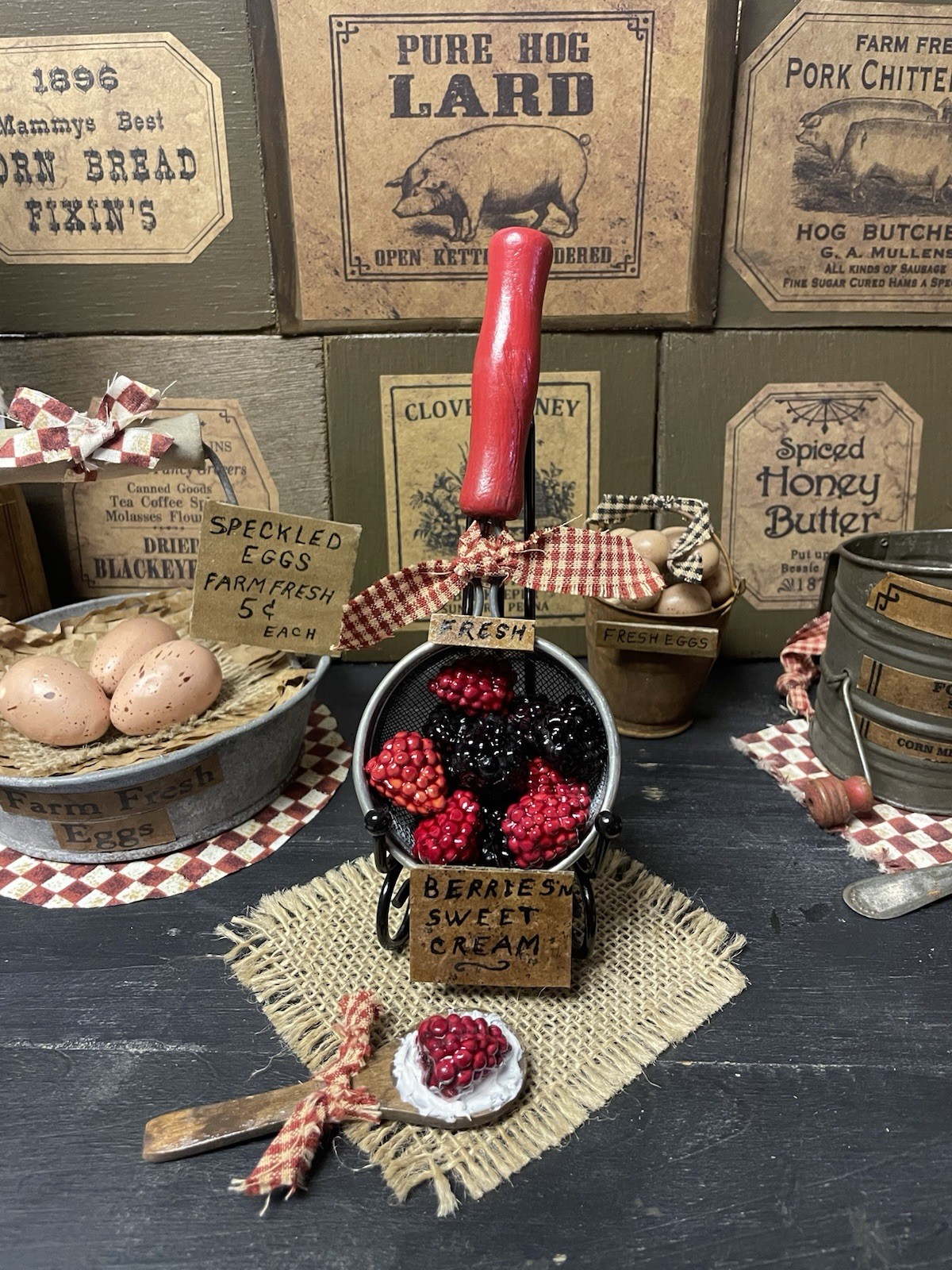 PRIMITIVE FARMHOUSE KITCHEN DECOR REPURPOSED SIFTER STRAINER BERRIES N CREAM