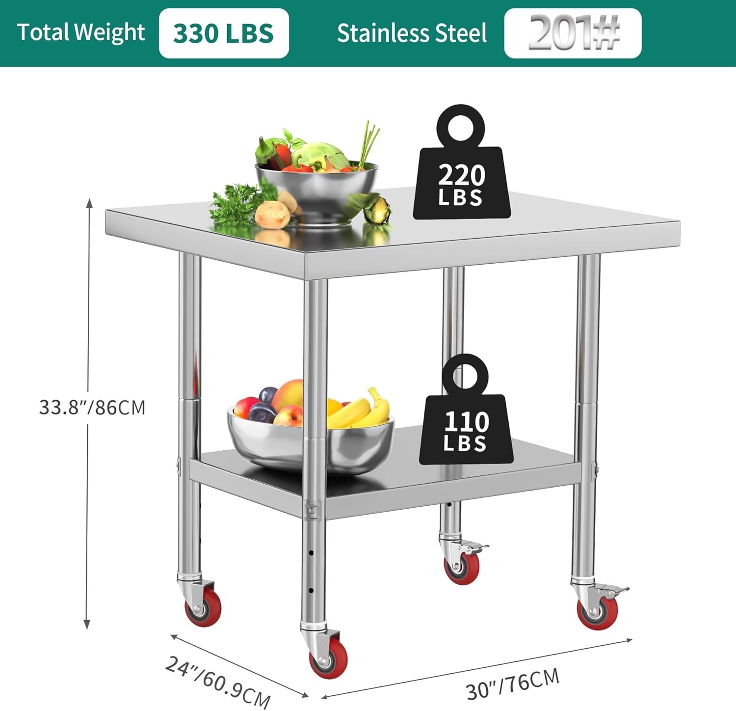 NSF Stainless Steel Table, 30″ X 24″ Work Table with Wheels, 2 Shelves Metal …