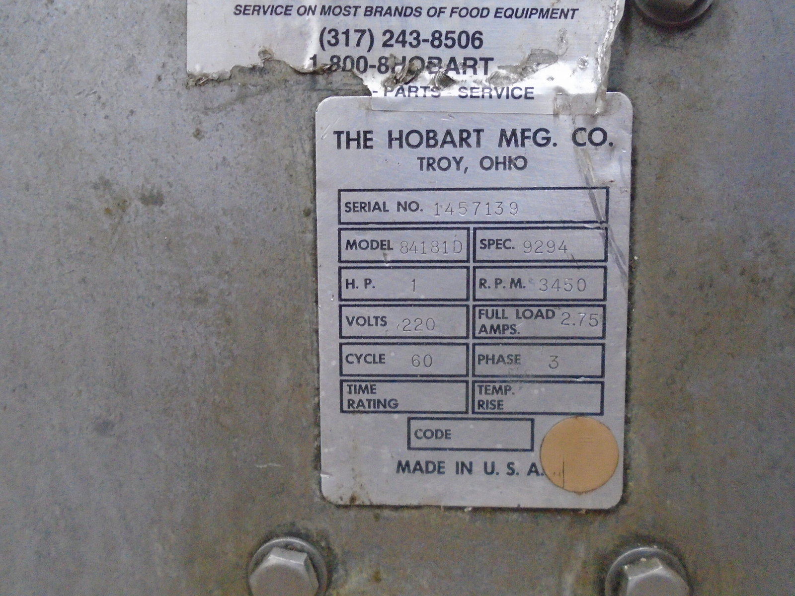 HOBART BUFFALO CHOPPER 84181D 1HP 2.75A 220V 3450RPM 3PH 60CYCLE 1YEAR WARRANTY