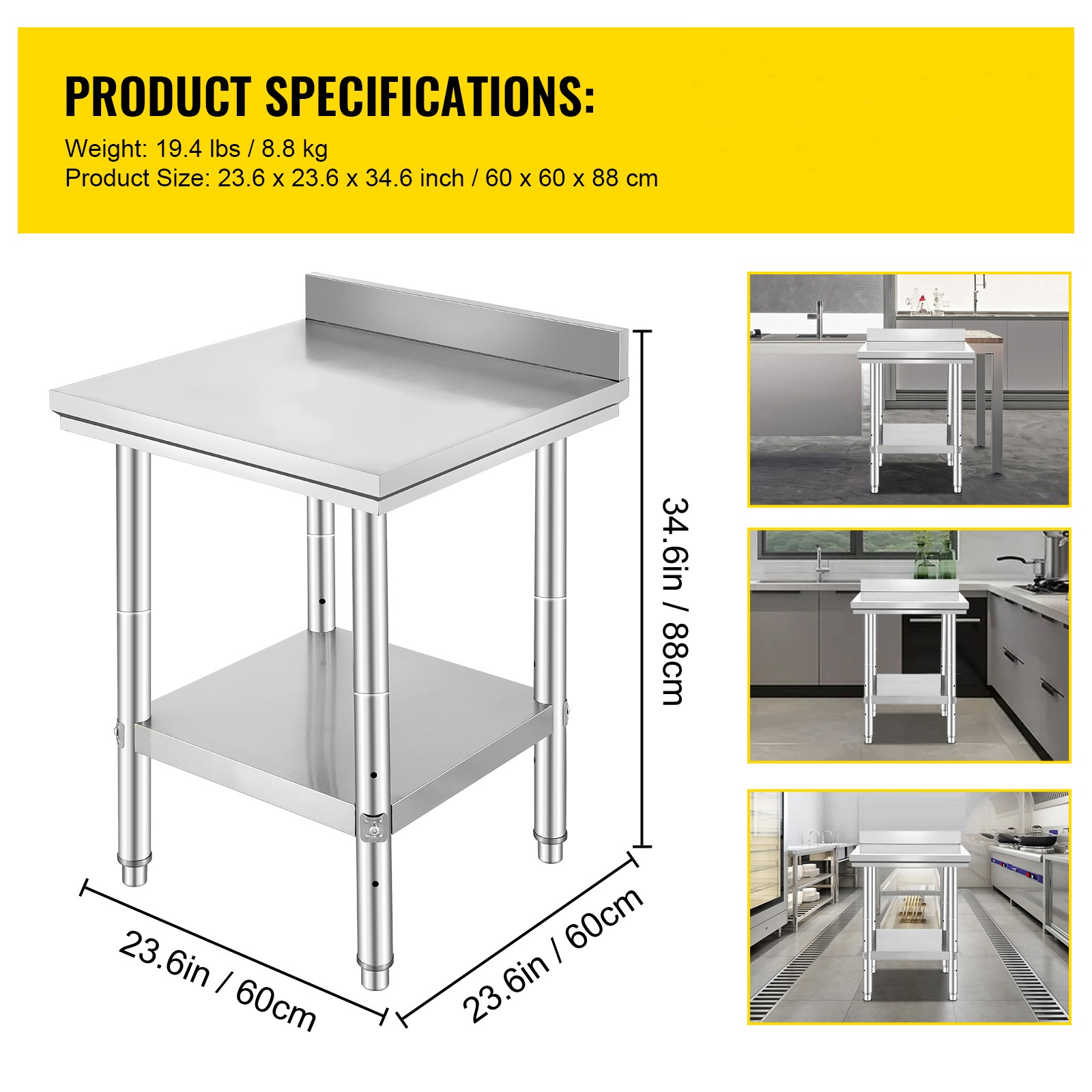 VEVOR Stainless Steel Work Table 24″X24″X34″ w/ Backsplash Food Prep Work Table