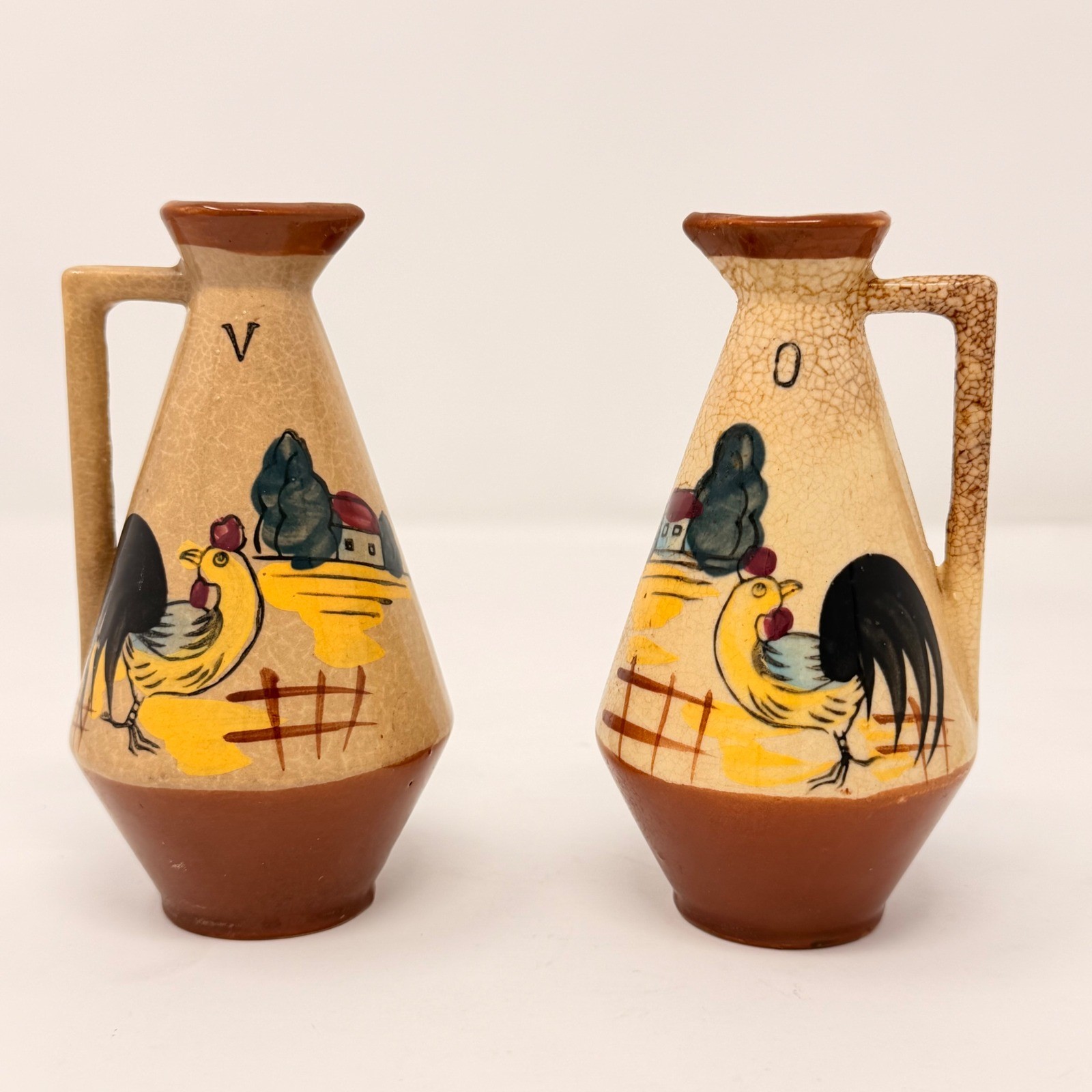 Vintage Hand Painted Rooster Oil and Vinegar Cruets Set Mid Century Farmhouse 5″