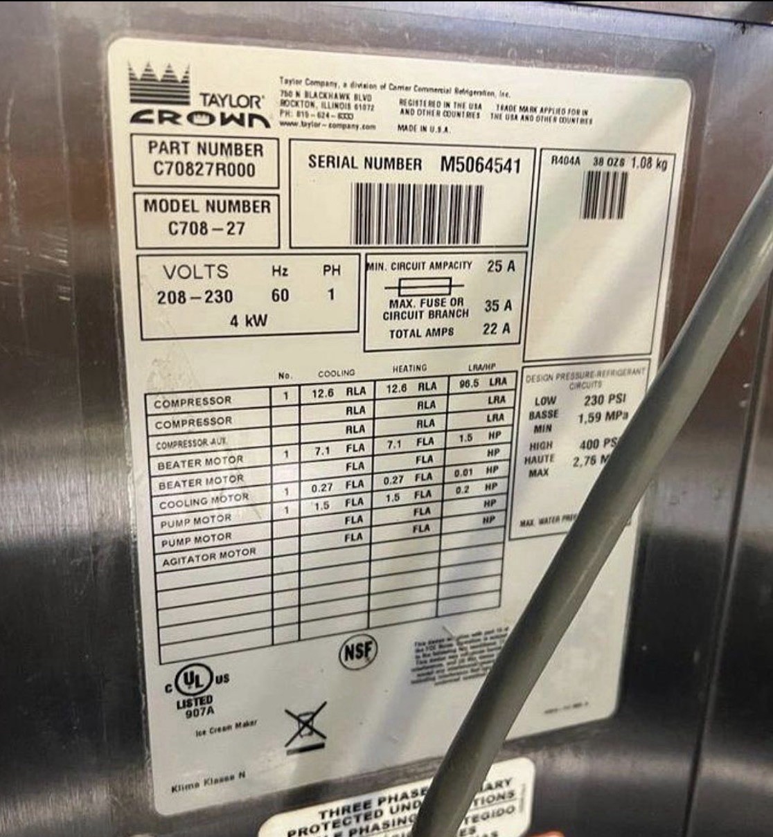 2015 Taylor C708 1 Flav Machine 208-230v 1 Phase Water Cooled VERY NICE SHAPE!
