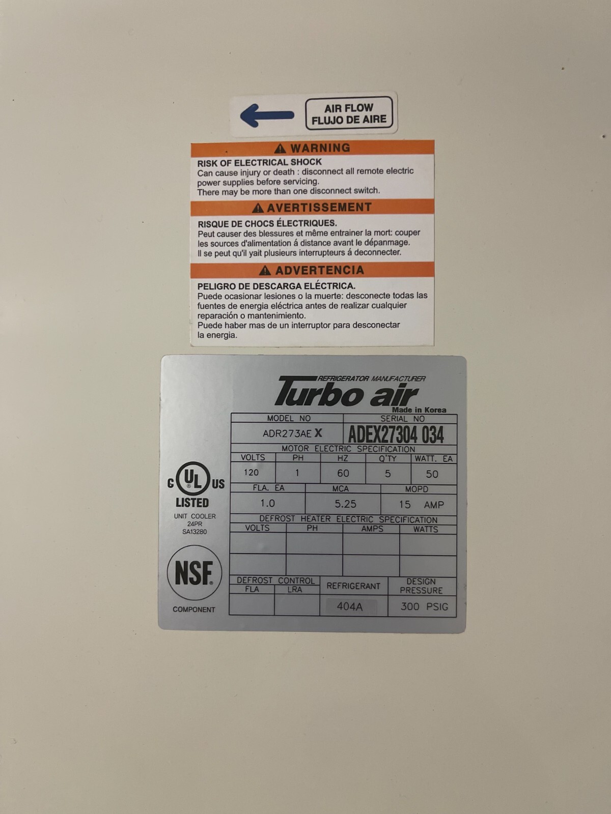 Walk-in – Turbo Air 3 HP Comp, 5-fan 27.5kBTU cooler, Johnson Controls thermosta