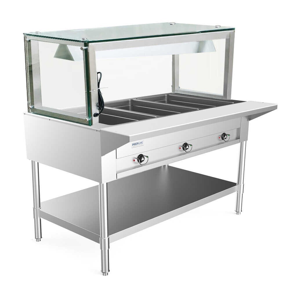 48″ Two Well Electric Hot Food Steam Table with Lighted Sneeze Guard 120V, 1500W