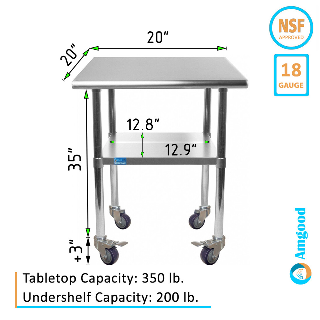 20″ X 20″ Stainless Steel Table With Wheels | NSF Prep Metal Work Table Casters