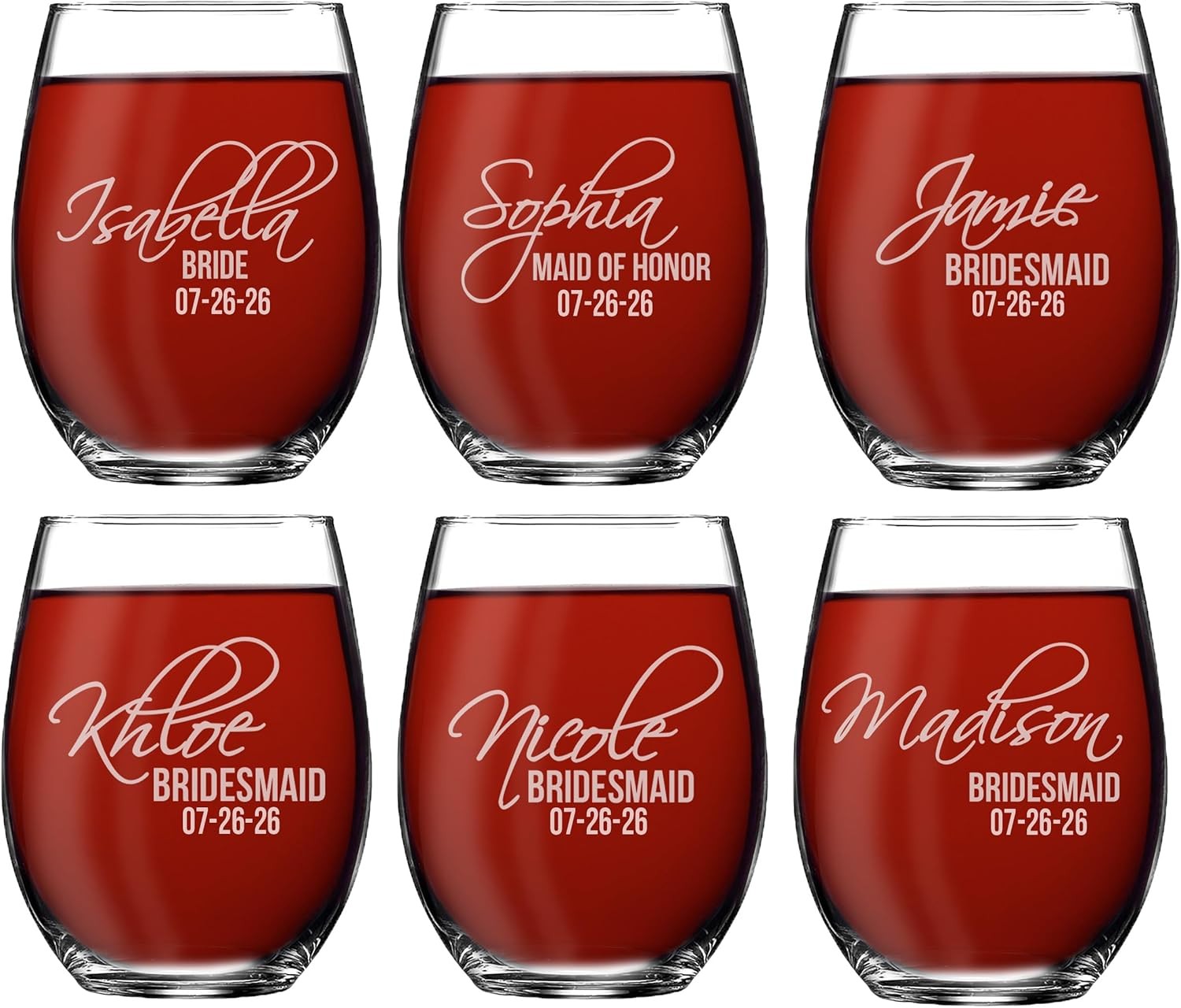 Monogrammed Personalized Stemless Wine Glasses for Bridesmaid, Engraved