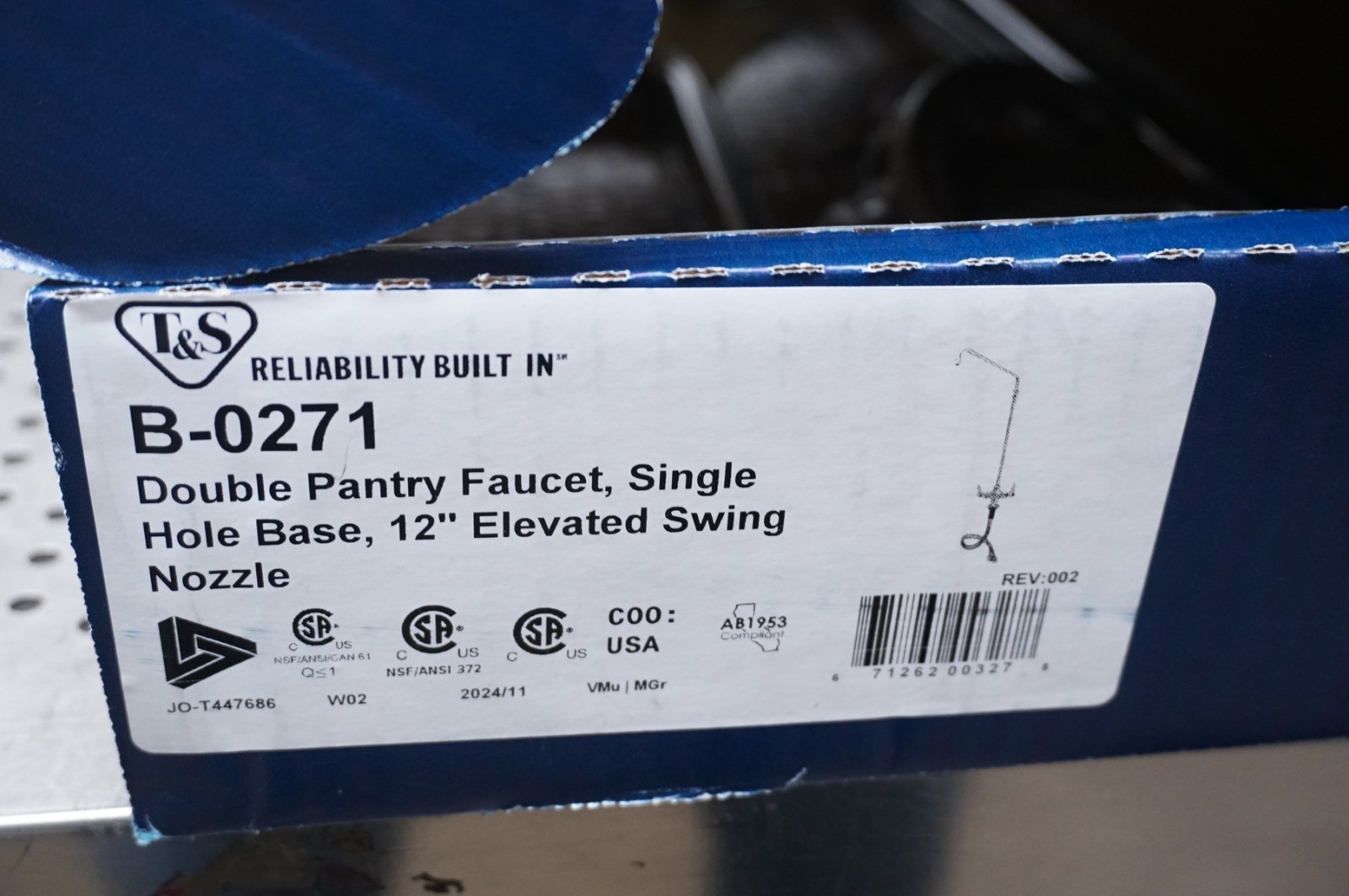 T&S Brass B-0271 double pantry faucet, single hole base, 12″ elevated swing noz