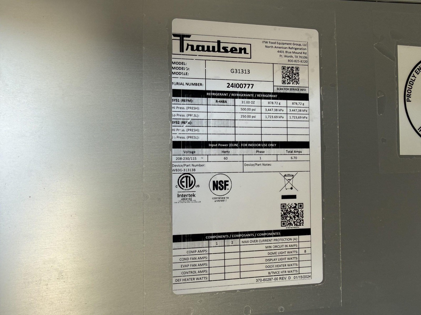 2024 TRAULSEN G31313 76 3/8″ 3 SOLID DOOR REACH IN FREEZER