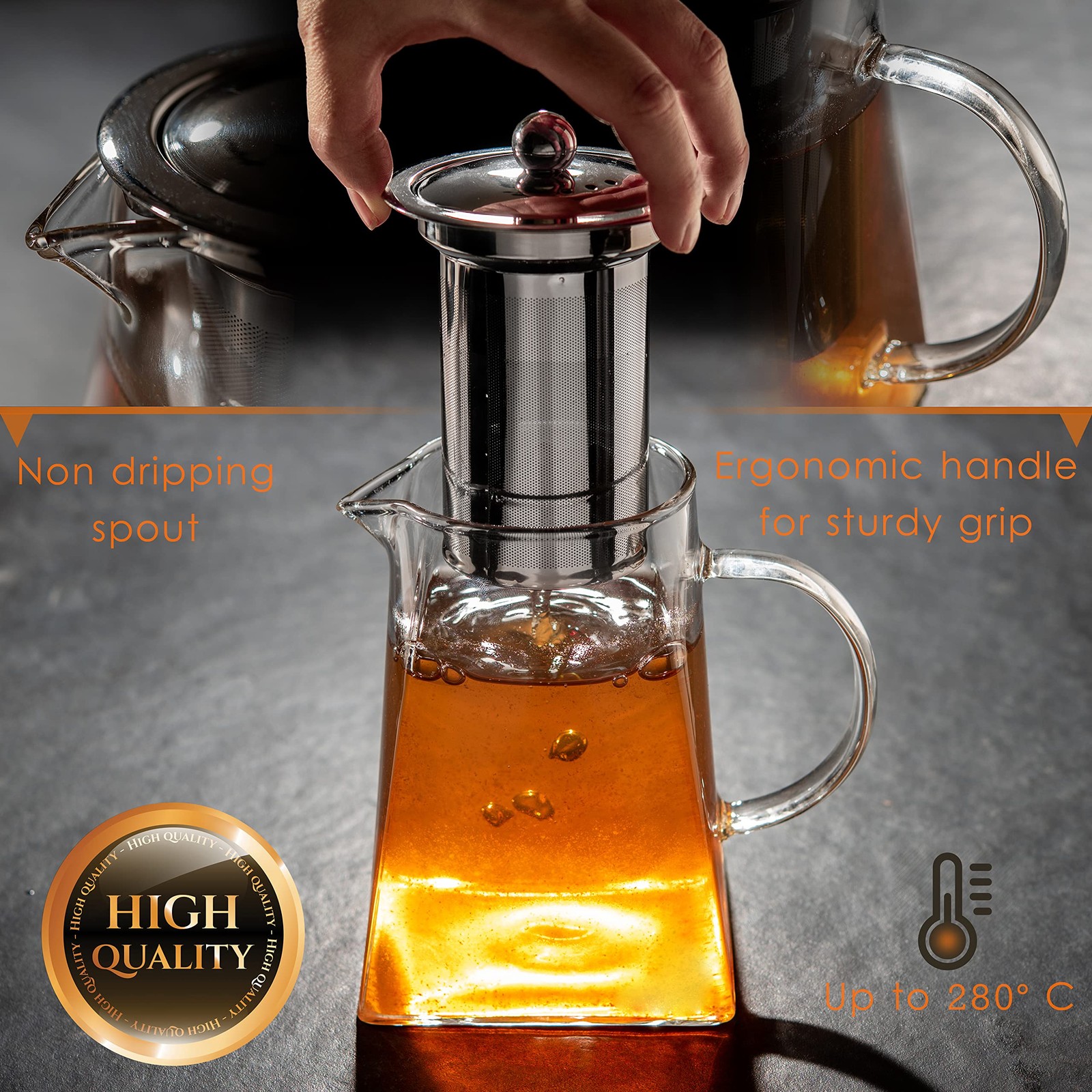 Mixpresso 5 Piece Glass Tea Pot Set, Kettle with Removable Infuser, Clear Glass