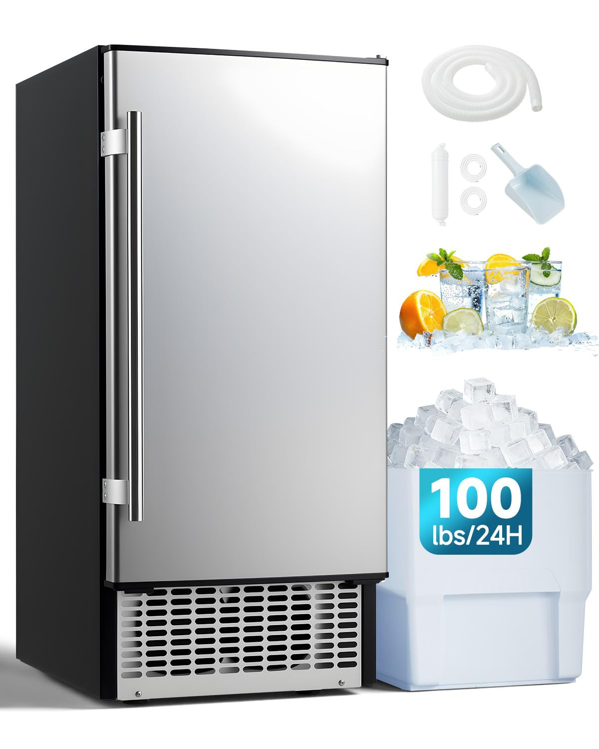 100lbs/24H Commercial Undercounter Ice Maker w/WaterFilter, Self-Cleaning &Timer