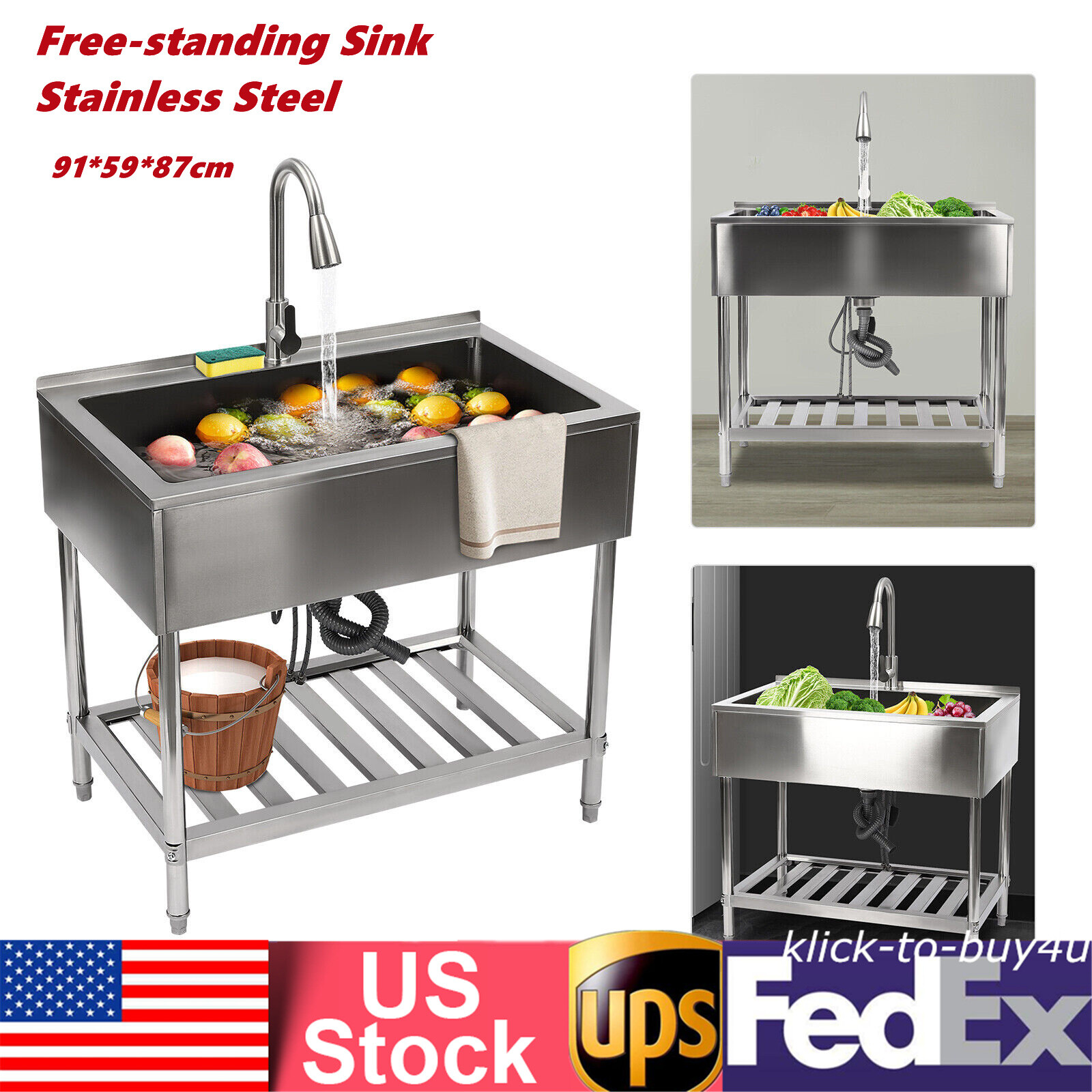 Commercial Kitchen Sink Stainless Steel Utility Sink Large 1 Compartment &Faucet