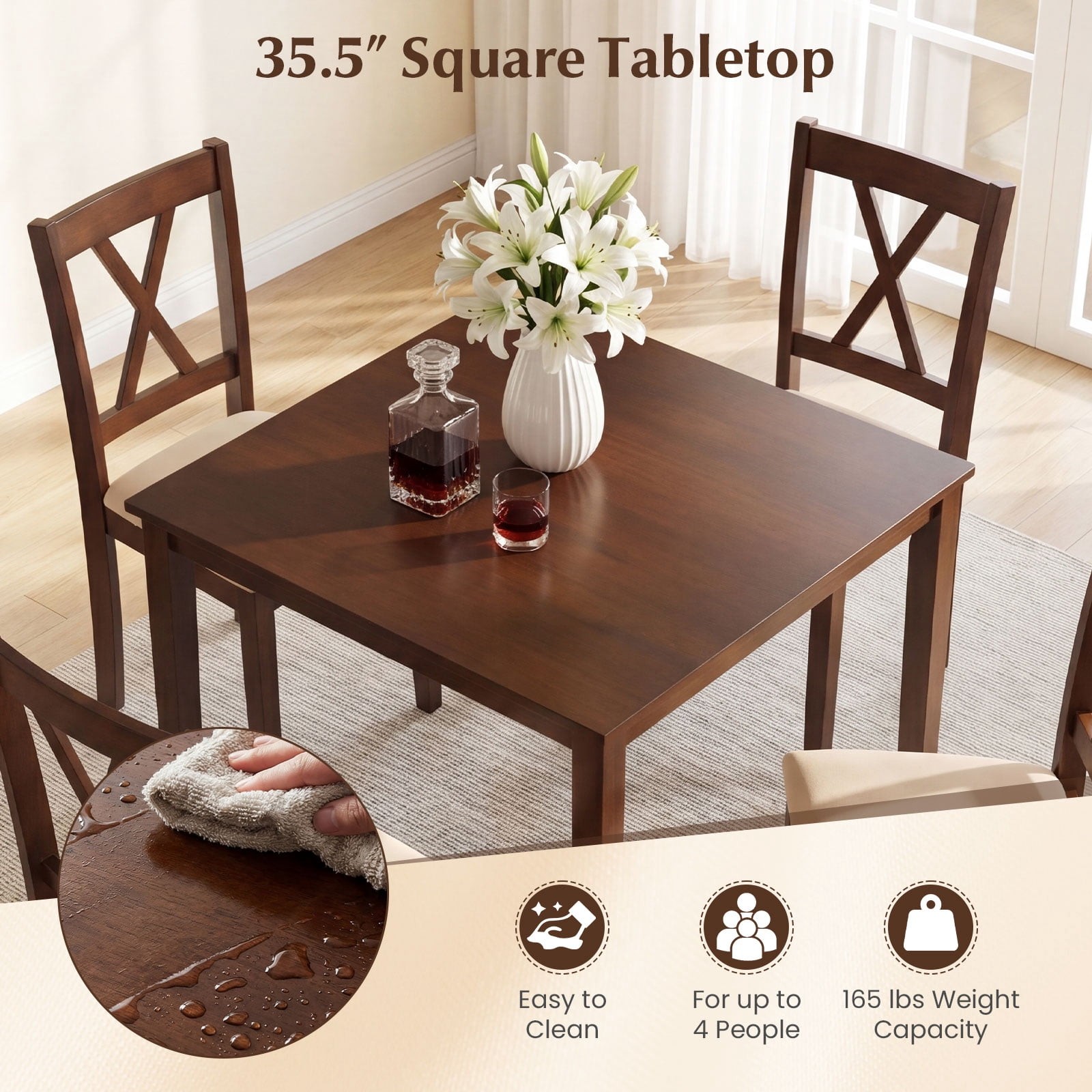 5-Piece Dining Table Set for 4 Square Kitchen Table 4 Armless Cushioned Chairs