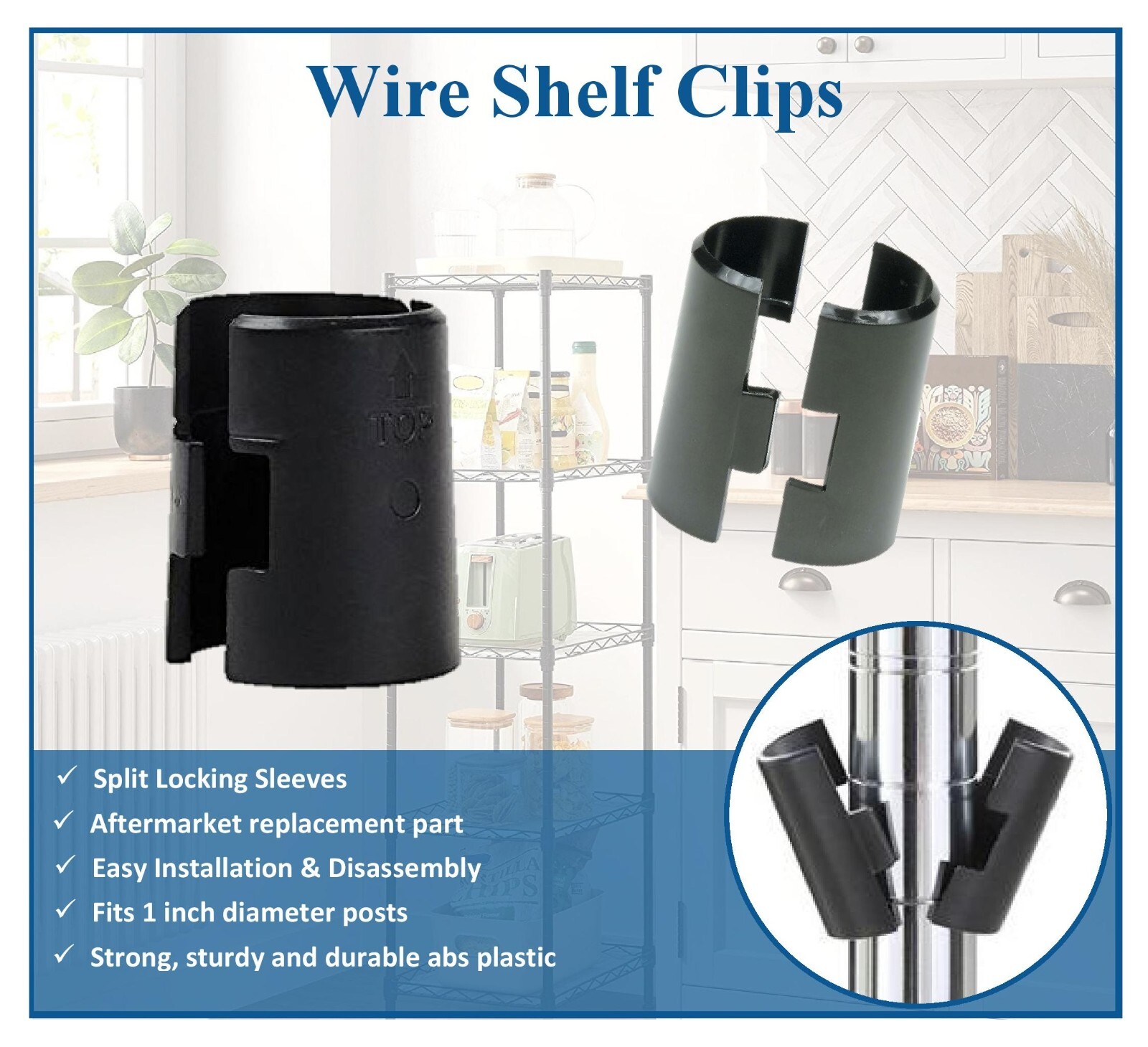 1″ Diameter Wire Shelf Clips Shelving Split Sleeves Lock Locking Plastic 12 pair