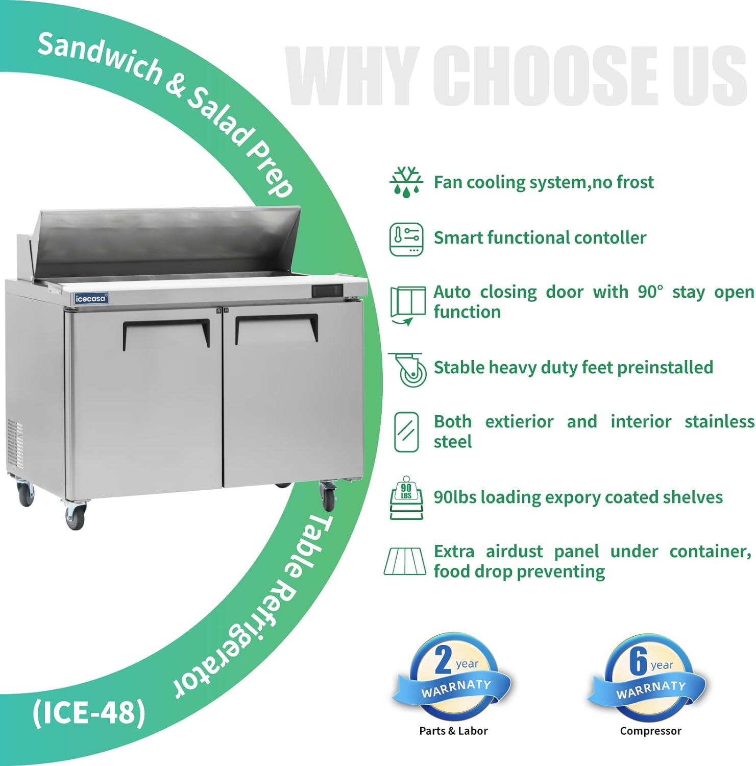 48″ Sandwich Prep Table Fridge, ICECASA 2 Door Food Bain Marie Cooler, 12 Pans