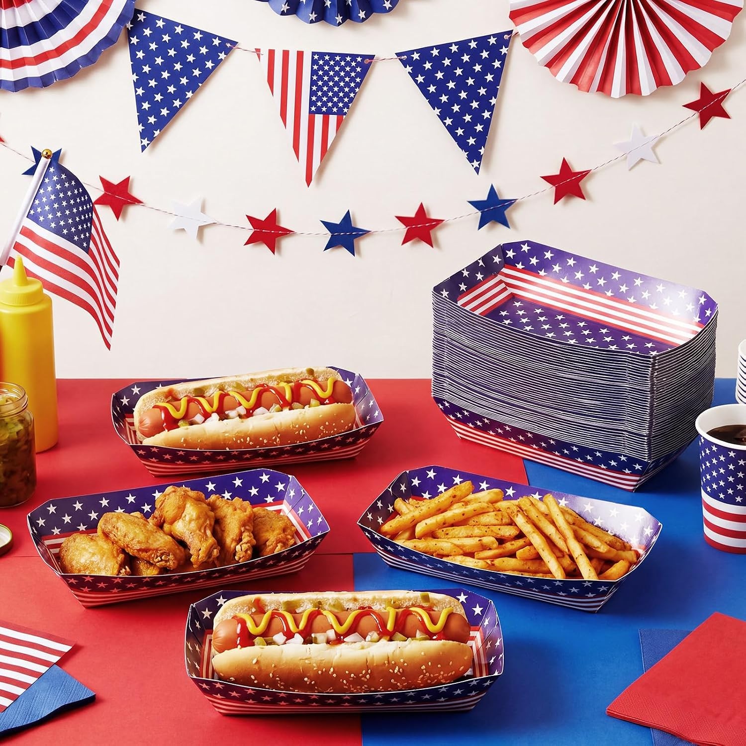 50 Pcs 4th of July Hot Dog Food Trays 5.5 x 1.77 Inch Patriotic Paper Hot Dog