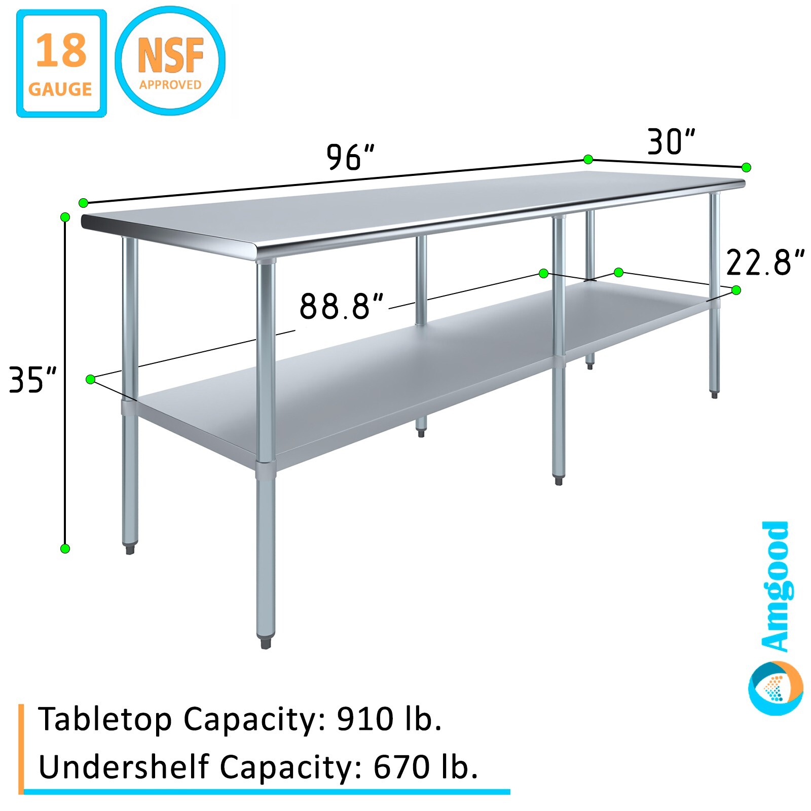 30″ X 96″ Stainless Steel Work Table With Galvanized Undershelf