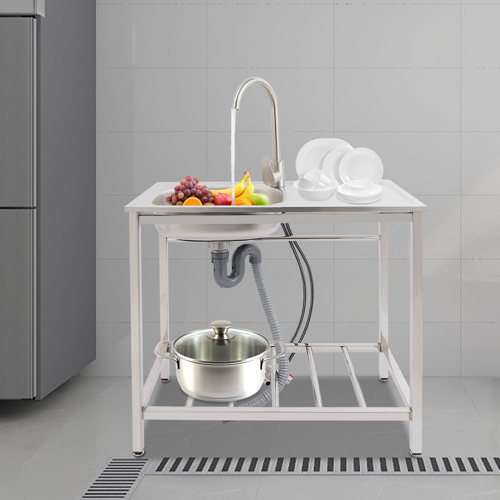 Stainless Steel Utility Sink, Free Standing with Faucet & Drainpipe for Homes
