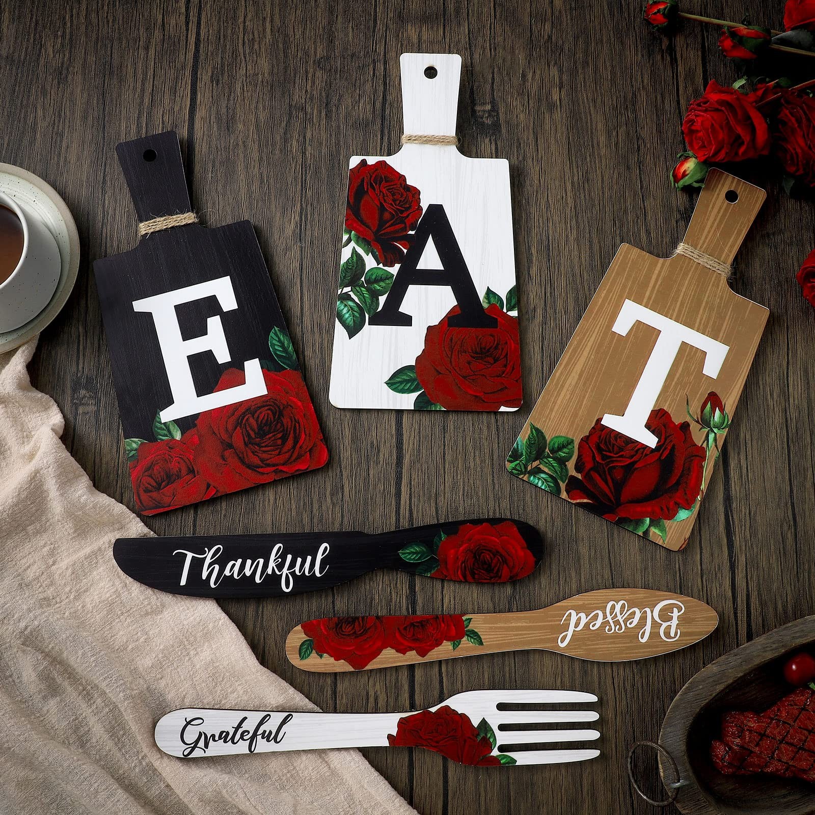 6 Pcs Kitchen Wall Decor Cutting Board Eat Sign Farmhouse Red Rose Wooden Kitche