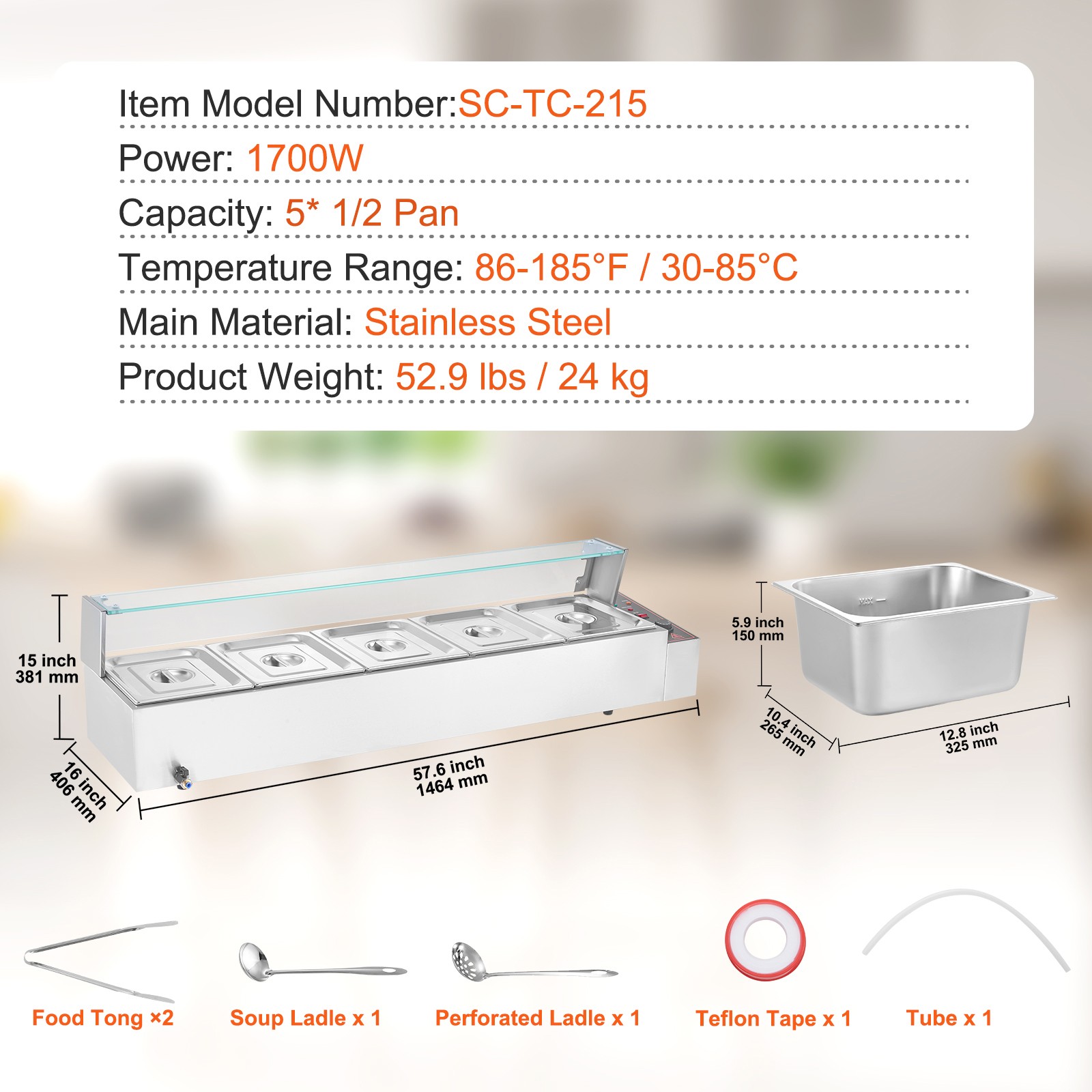 Uimoso Countertop Buffet Bain Marie with Glass Shield and 5 Food Pans