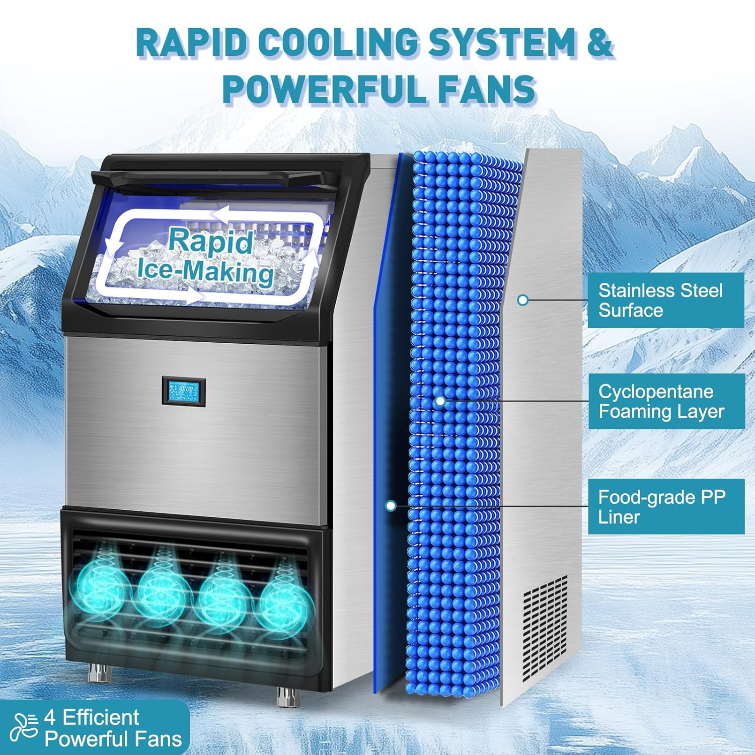 High Capacity Commercial Ice Maker 550LBS/24H with 185LBS Storage Bin