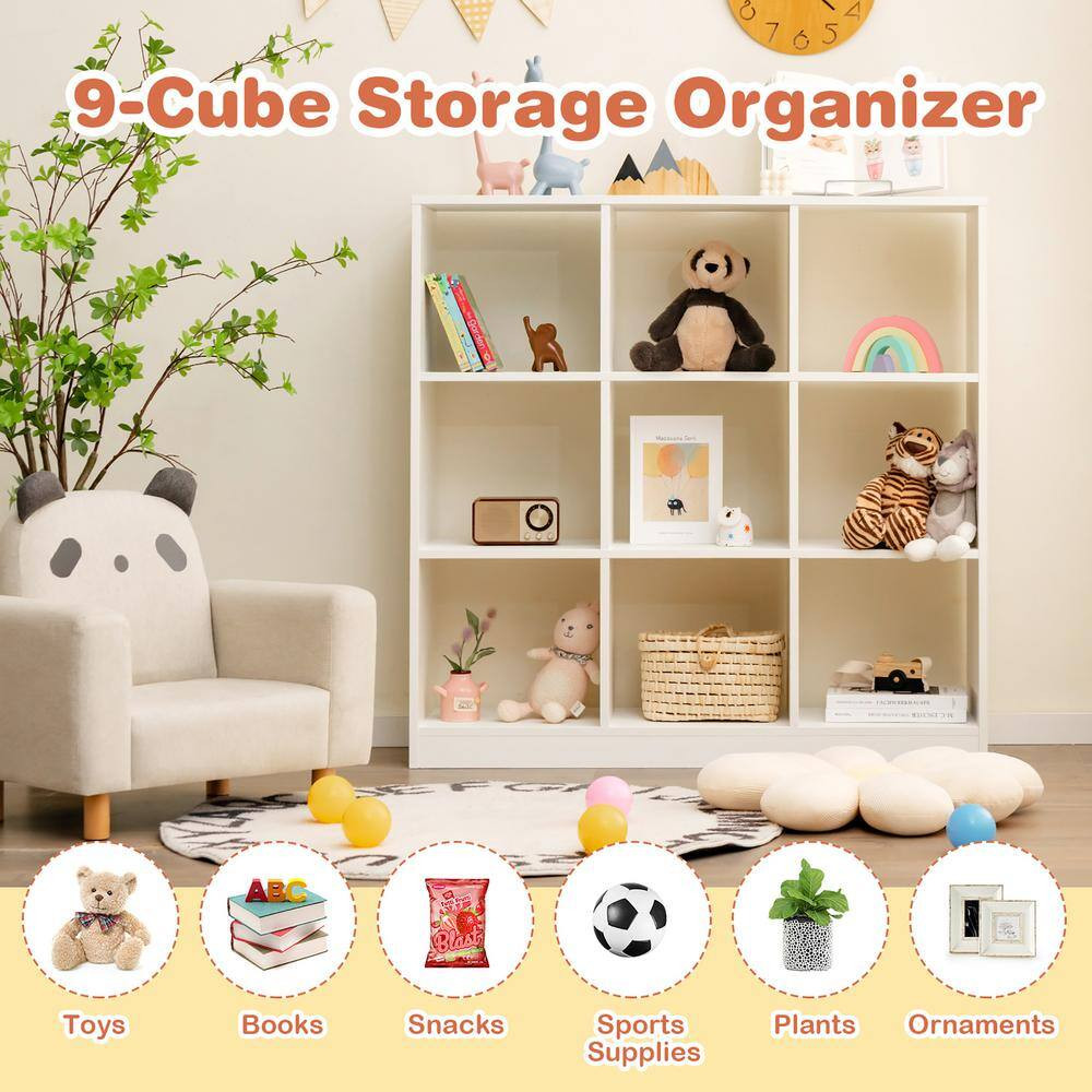 Kids Toy Storage Organizer 13 In. Wide White 9-Cube Kids Bookcase for Books Toys
