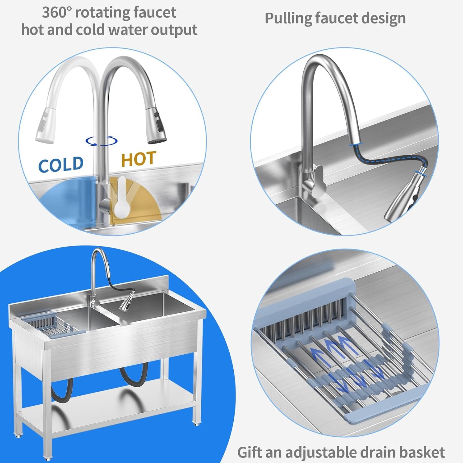 47Inch Double Bowl Stainless Steel Utility Kitchen Sink for Restaurant Outdoor