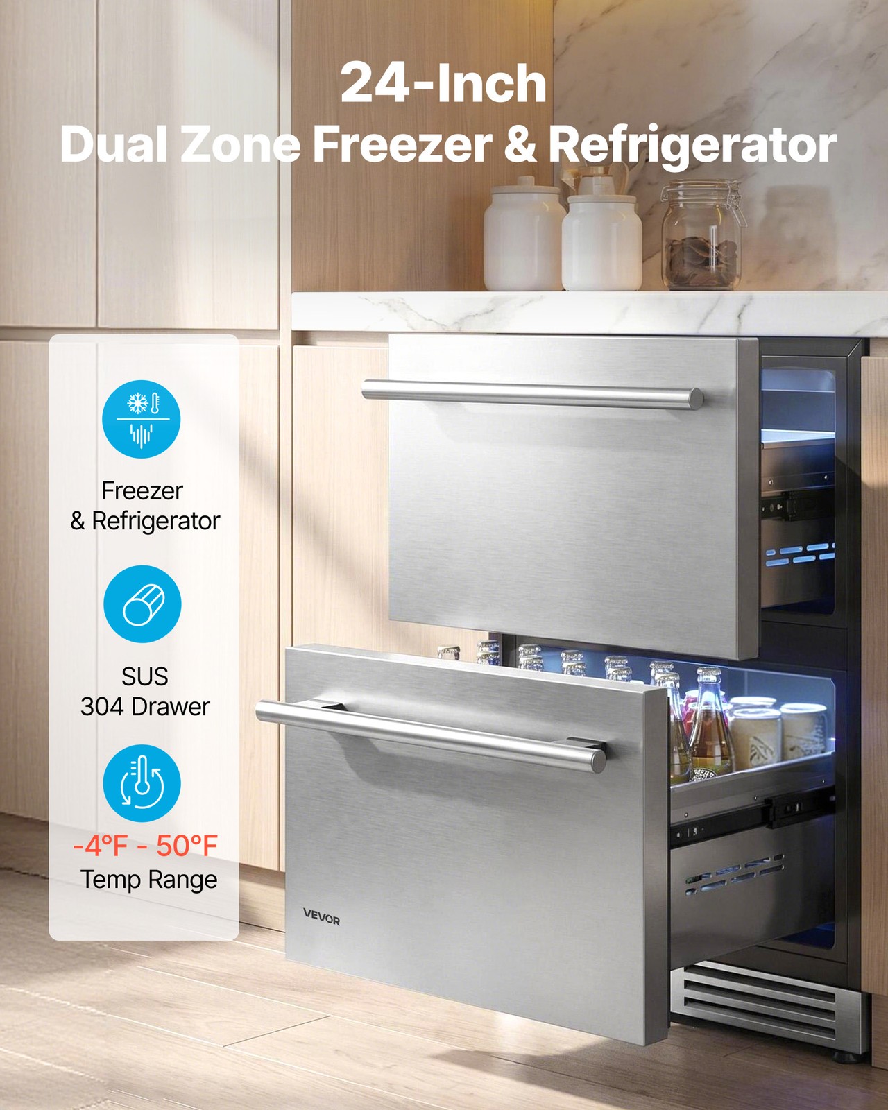 VEVOR 24 in Drawer Refrigerator with Freezer Undercounter Fridge Freezer Combo