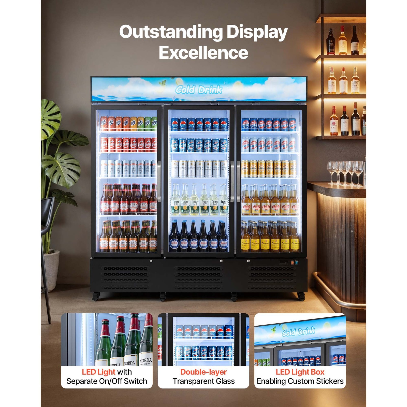 Uimoso Commercial 3-Door Beverage Cooler, 54.3 Cu.Ft Merchandiser Refrigerator