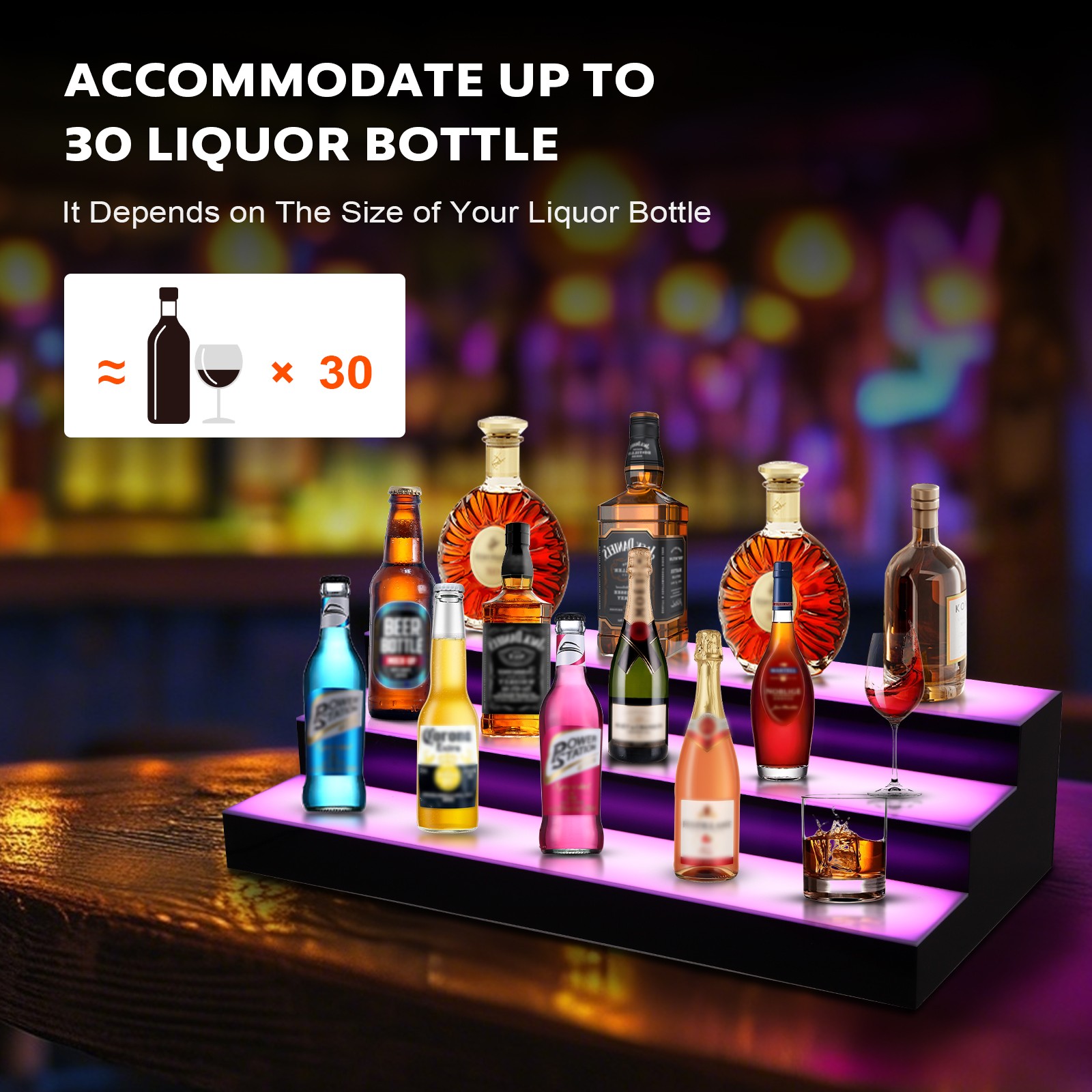 3 Tiers 40 Inch LED Lighted Liquor Bottle Display, Adjustable Brightness & Color