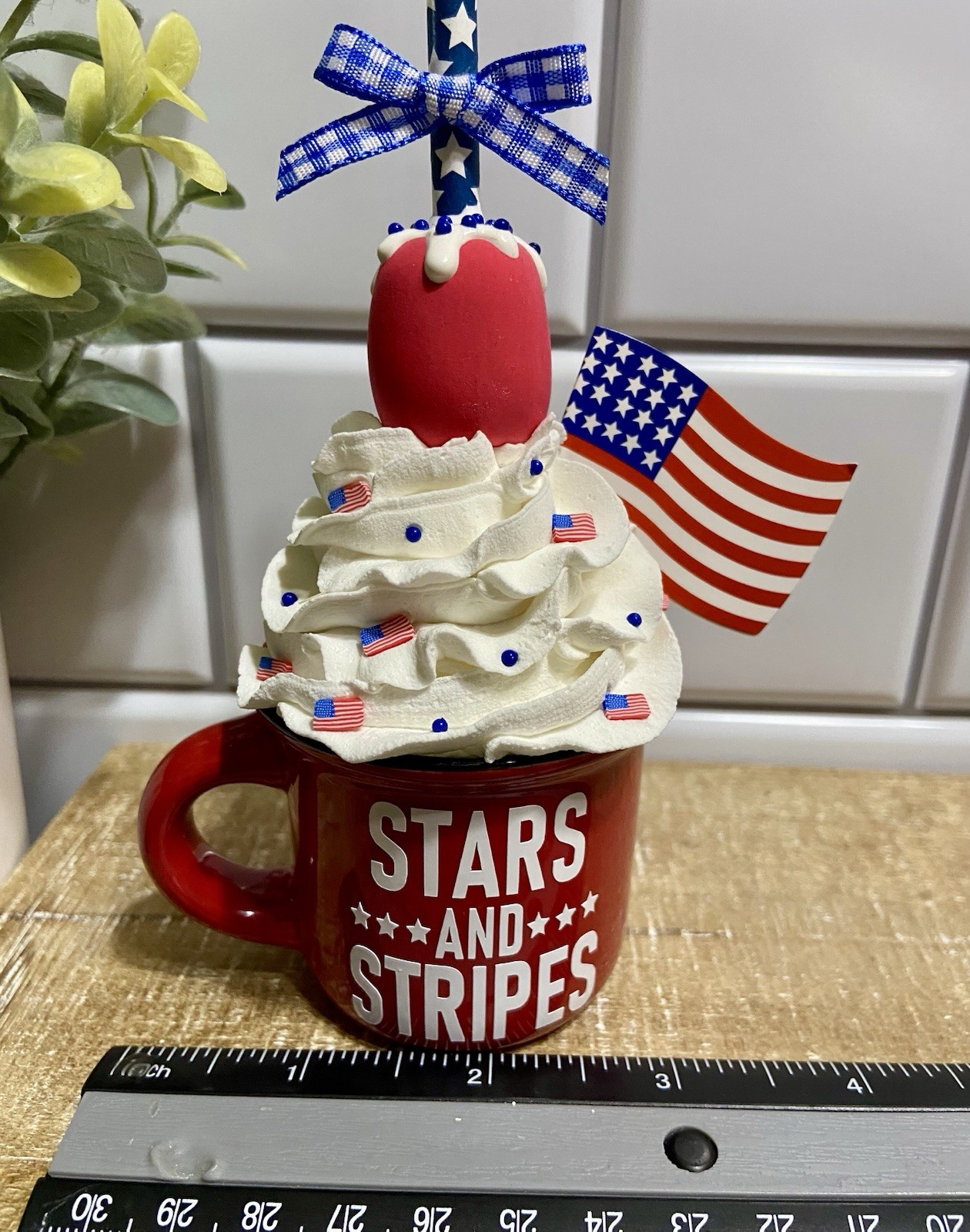 Cute USA Mini Ceramic Mug Faux Fake Whipped Cream Tiered Tray Decor PATRIOTIC