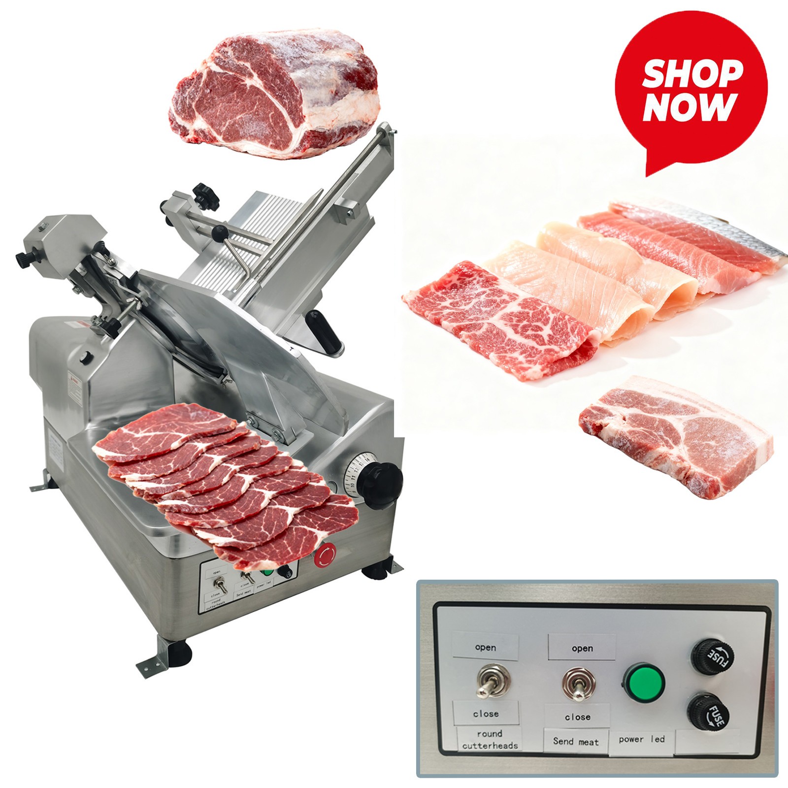 Auto Electric Frozen Meat Slicer Adjustable Thickness 0-15mm w Movable FoodBoard
