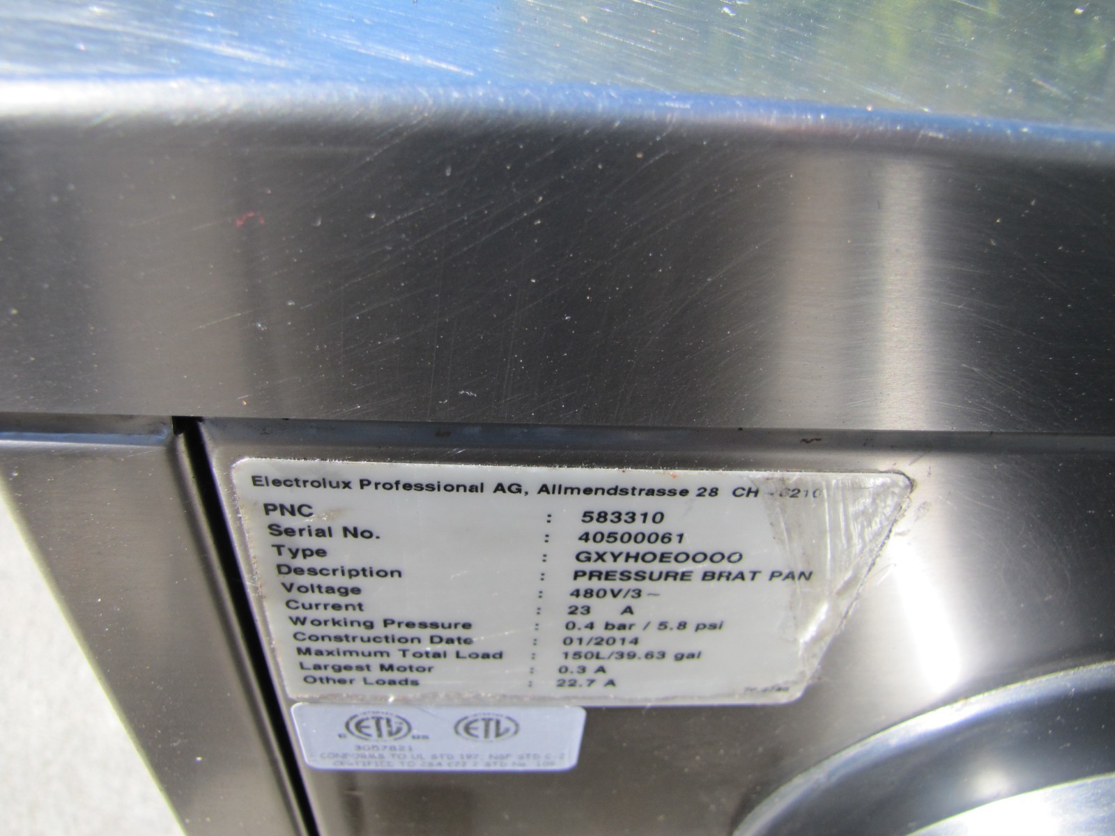 Electrolux 40 Gallon Pressure Bratt Tilt Braising Pan 9CHG583310 480V 3 Phase #2