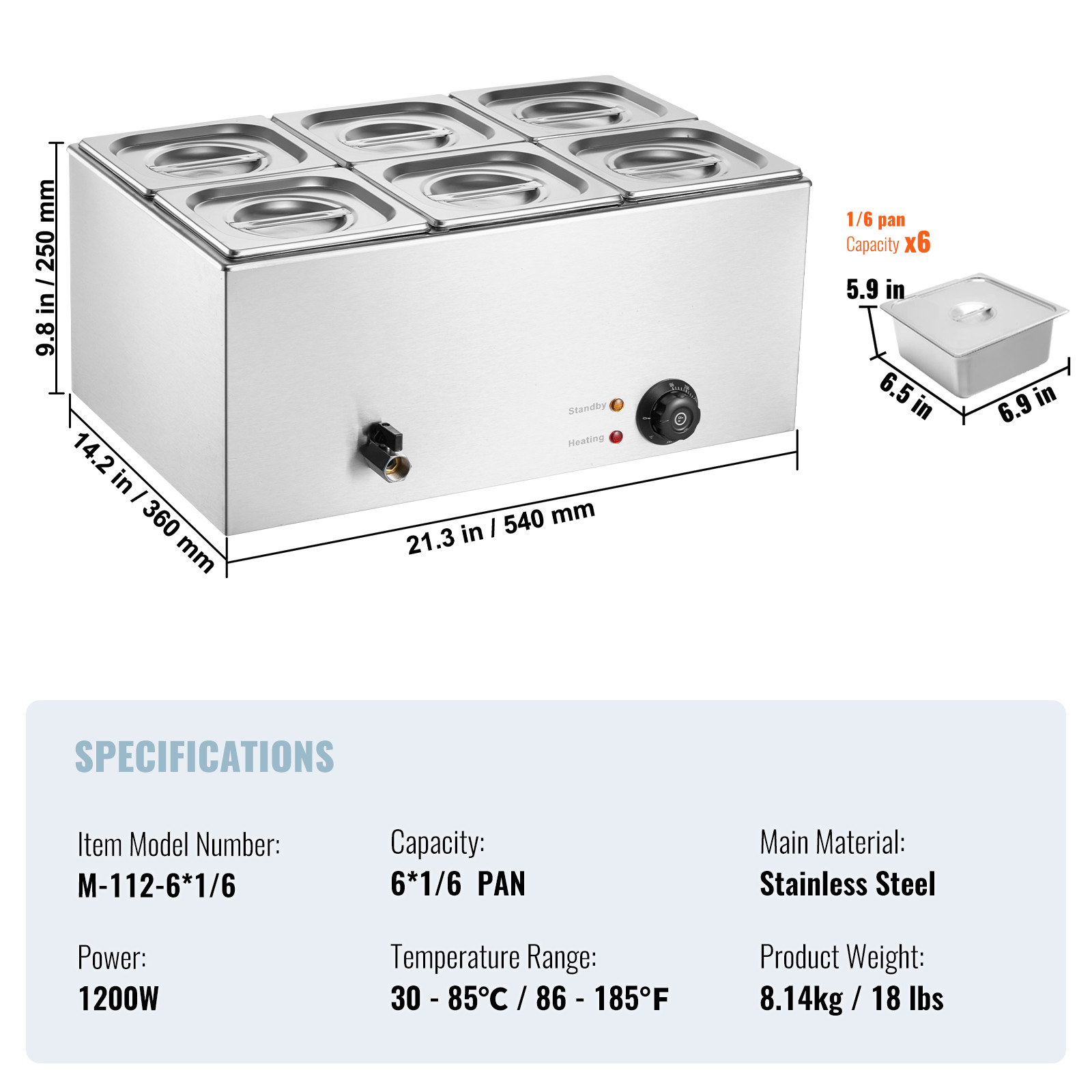 Commercial Food Warmer 6-Pan Countertop Buffet Bain Marie Electric Steamers