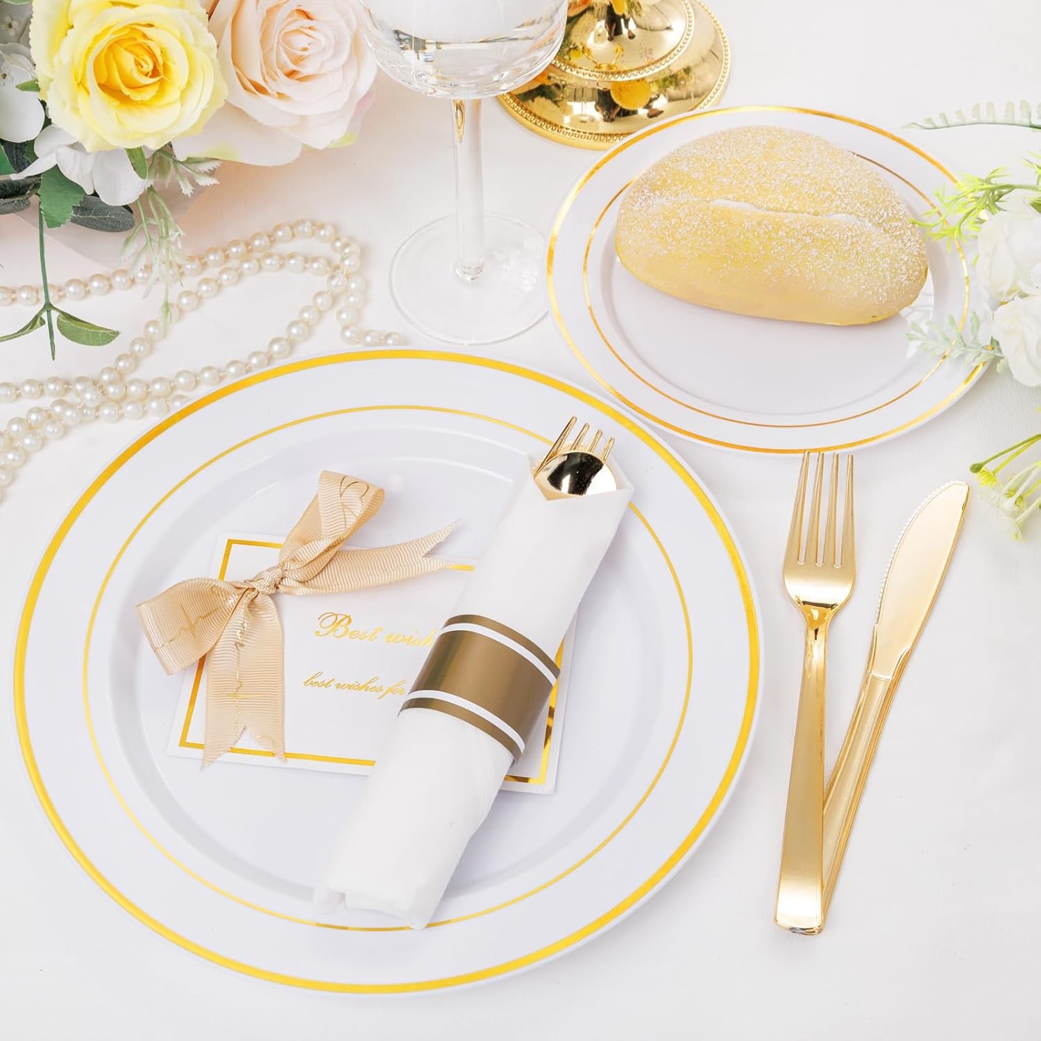 210PCS Gold Plastic Dinnerware Set Gold Plates Disposable Disposable Plates for