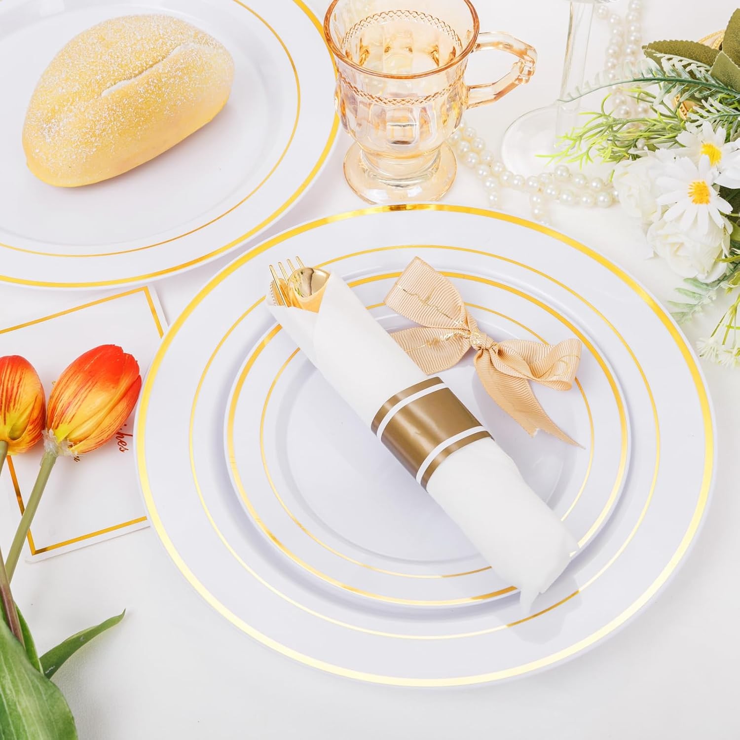 210PCS Gold Plastic Dinnerware Set Gold Plates Disposable Disposable Plates for