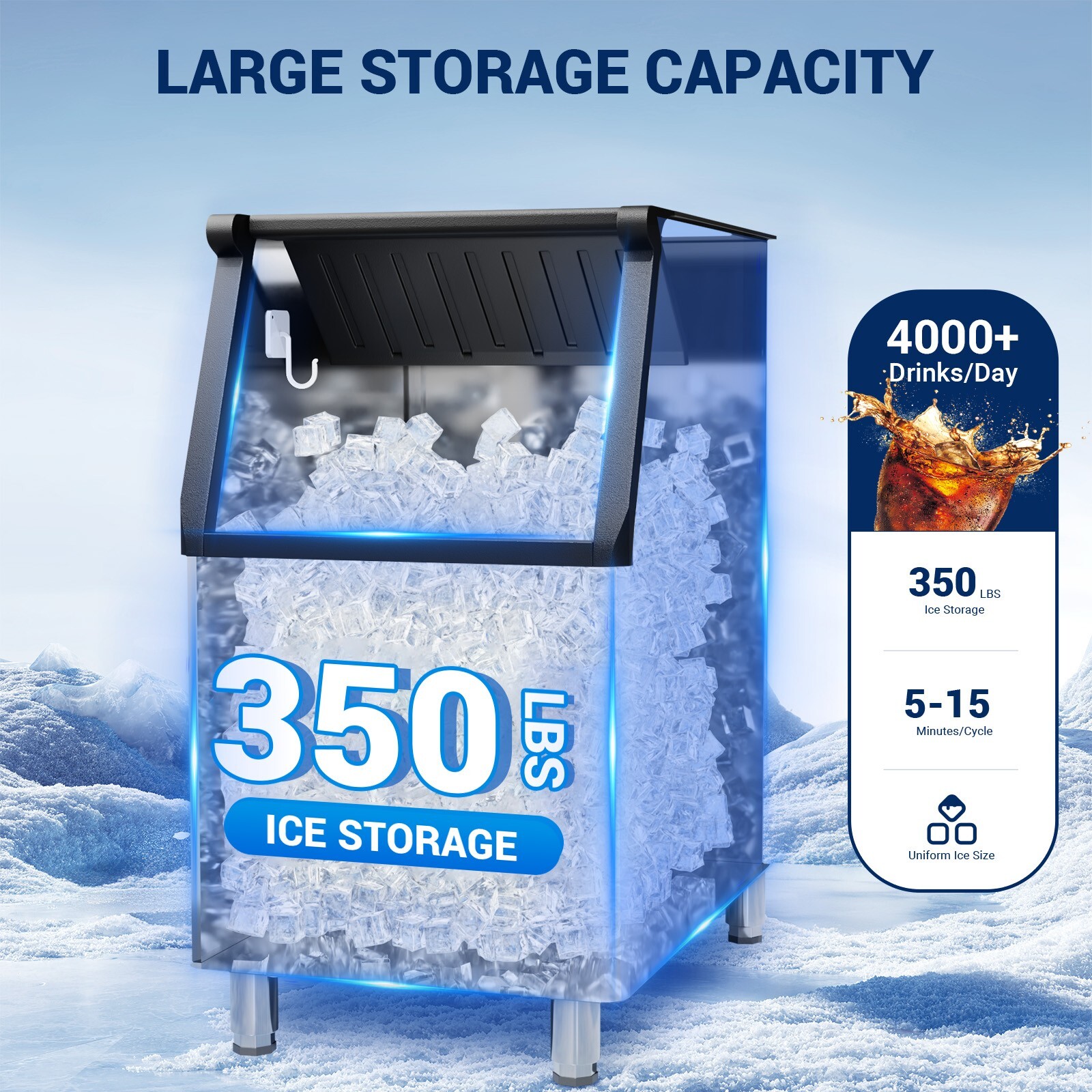 Commercial Freestanding Ice Maker 500LBS/24H with 350LBS Bin, 132 compartments