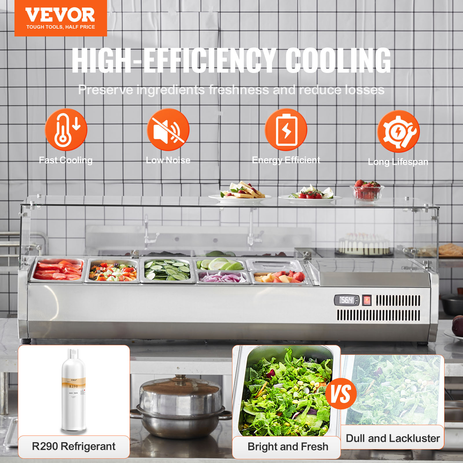 VEVOR Countertop Refrigerated Salad Pizza Prep Station 140 W Glass Guard ETL
