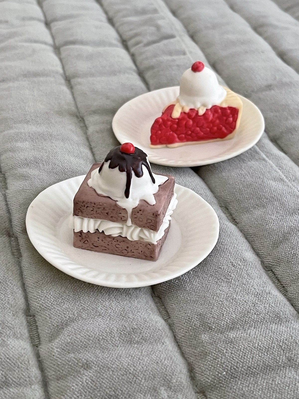 Vintage Ceramic Mini Plate Figurines W/ Cherry Pie & Chocolate Cake Display Food